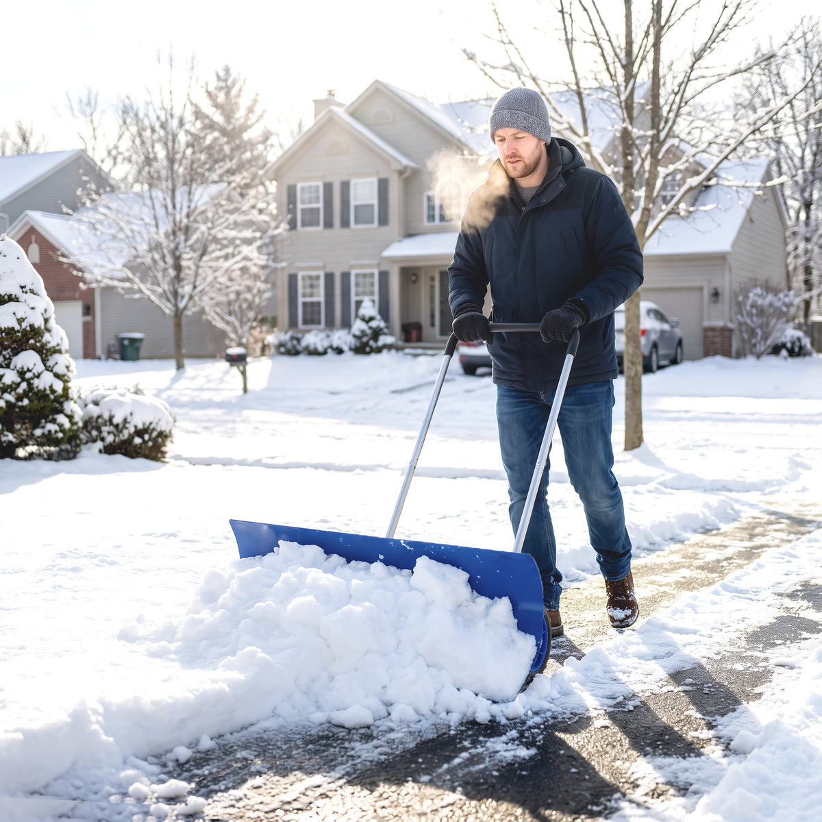 37-Inch Extra Wide Snow Shovel with Wheels, Heavy Duty Aluminum Snow Pusher with Ergonomic Adjustable Handle, Blue