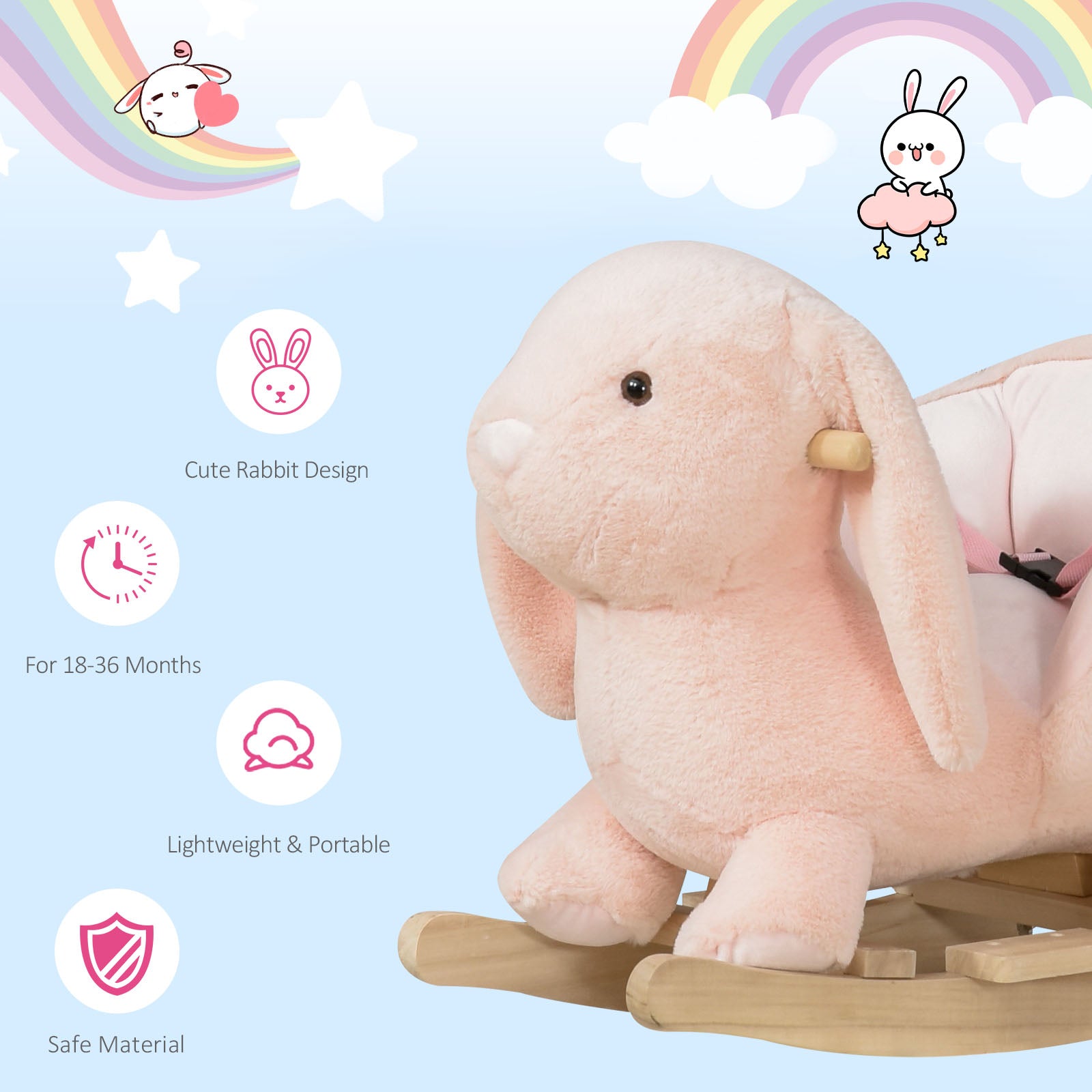 Rabbit Wooden Rocking Horse with Sound, Pink
