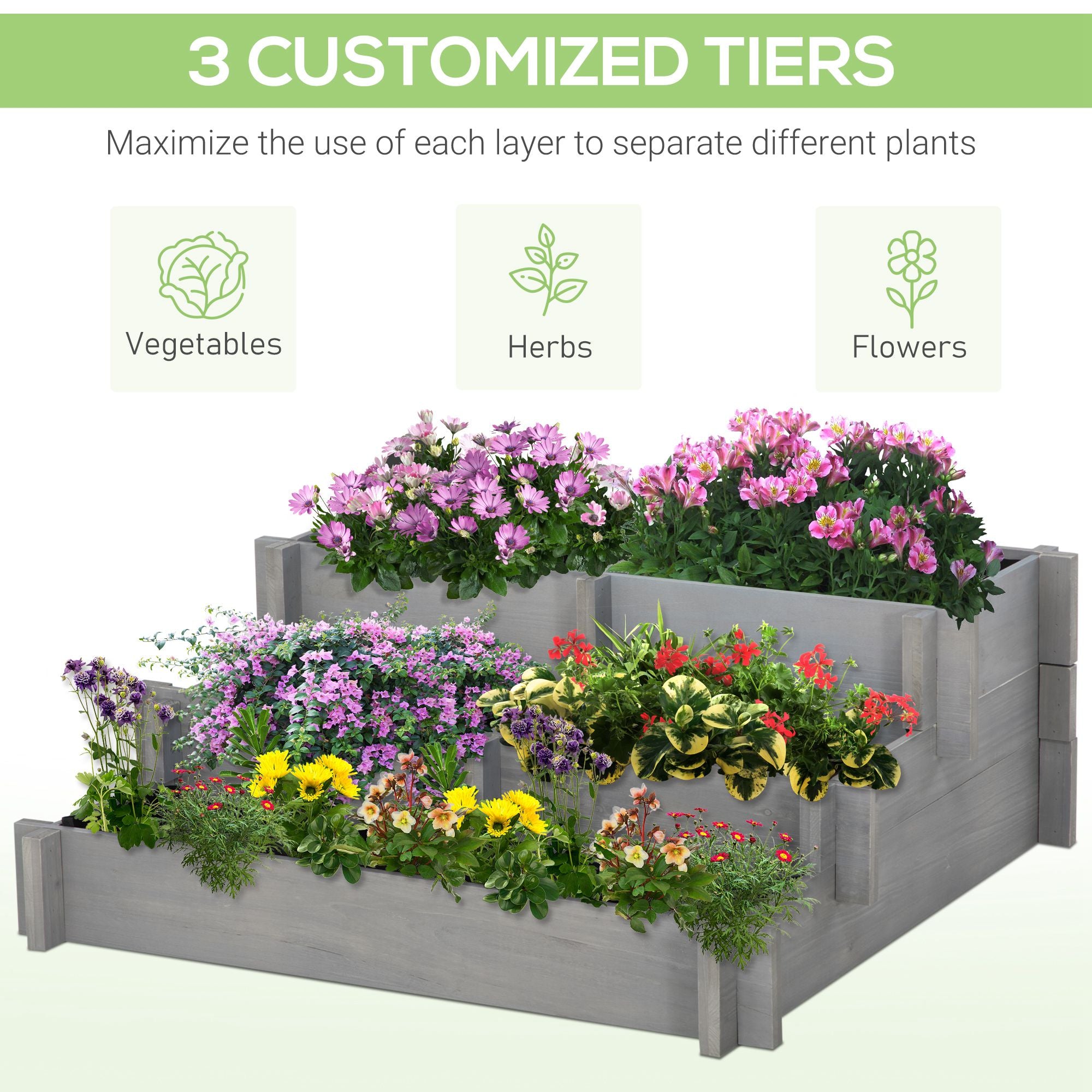 3 Tier Raised Garden Bed, Water Draining Fabric for Soil, Elevated Wood Flower Box for Vegetables, Herbs, Gray - Gray - Image 4