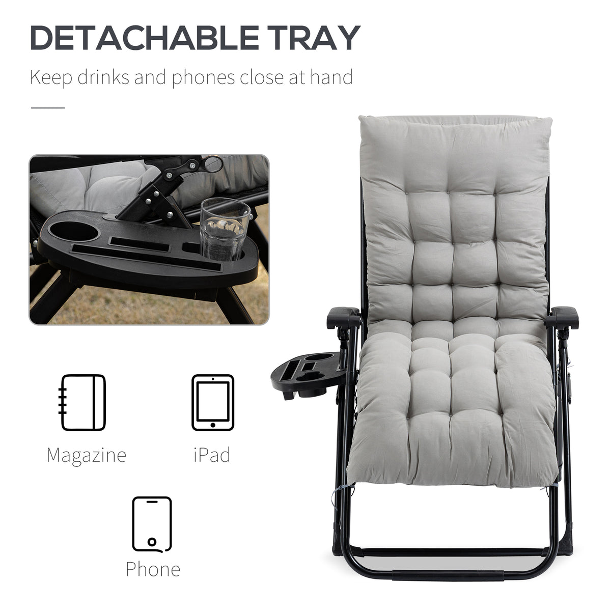 Padded Zero Gravity Chair, Folding Recliner Chair with Cup Holder Cushion, Gray