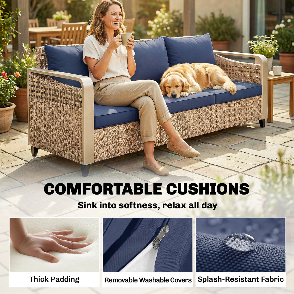 Rattan Wicker Sofa 3-Seater Outdoor Patio Sofa with Cushions for Garden Backyard Porch Dark Blue