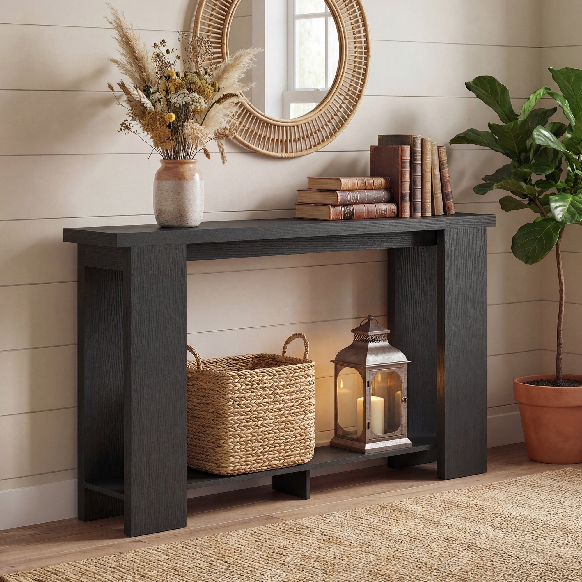 Farmhouse Console Table, 63" Narrow Entryway Table with Thickened Tabletop for Living Room, Hallway, Distressed Black