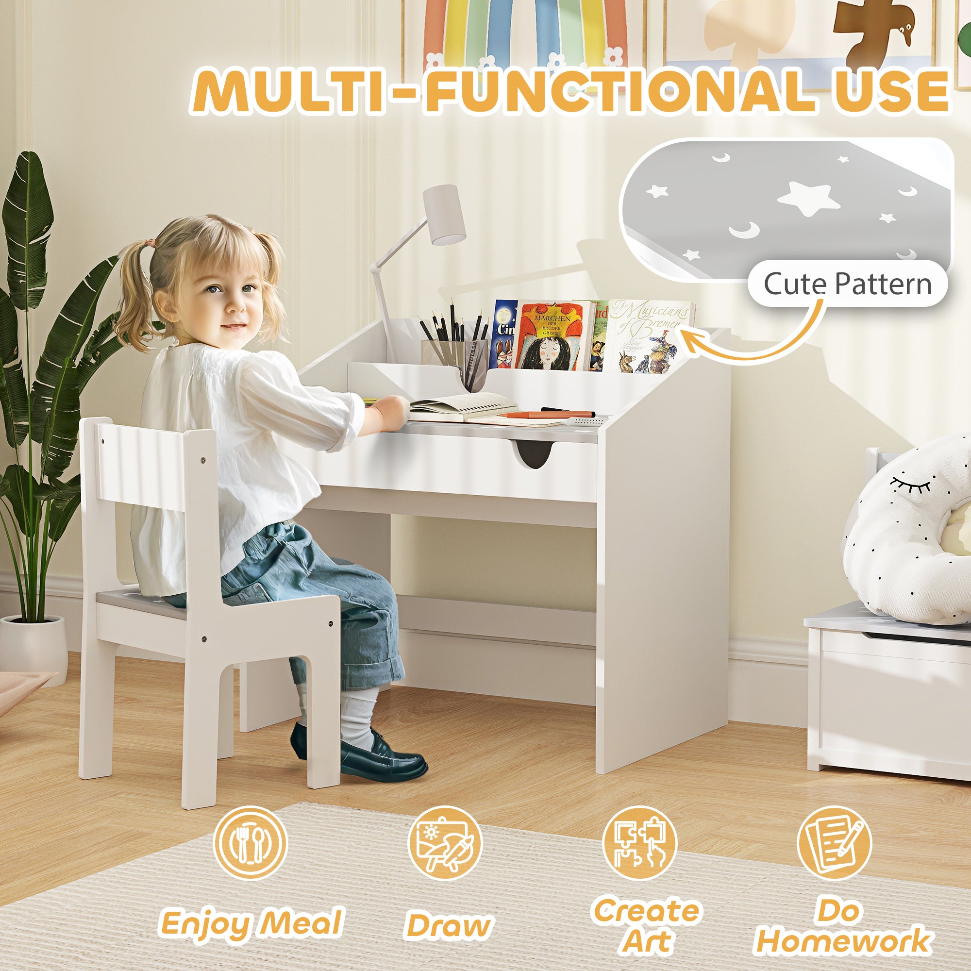 Kids Study Desk with Storage, Kids Desk and Chair Set for Bedroom & Study Room, Aged 3-6 Years, Gray