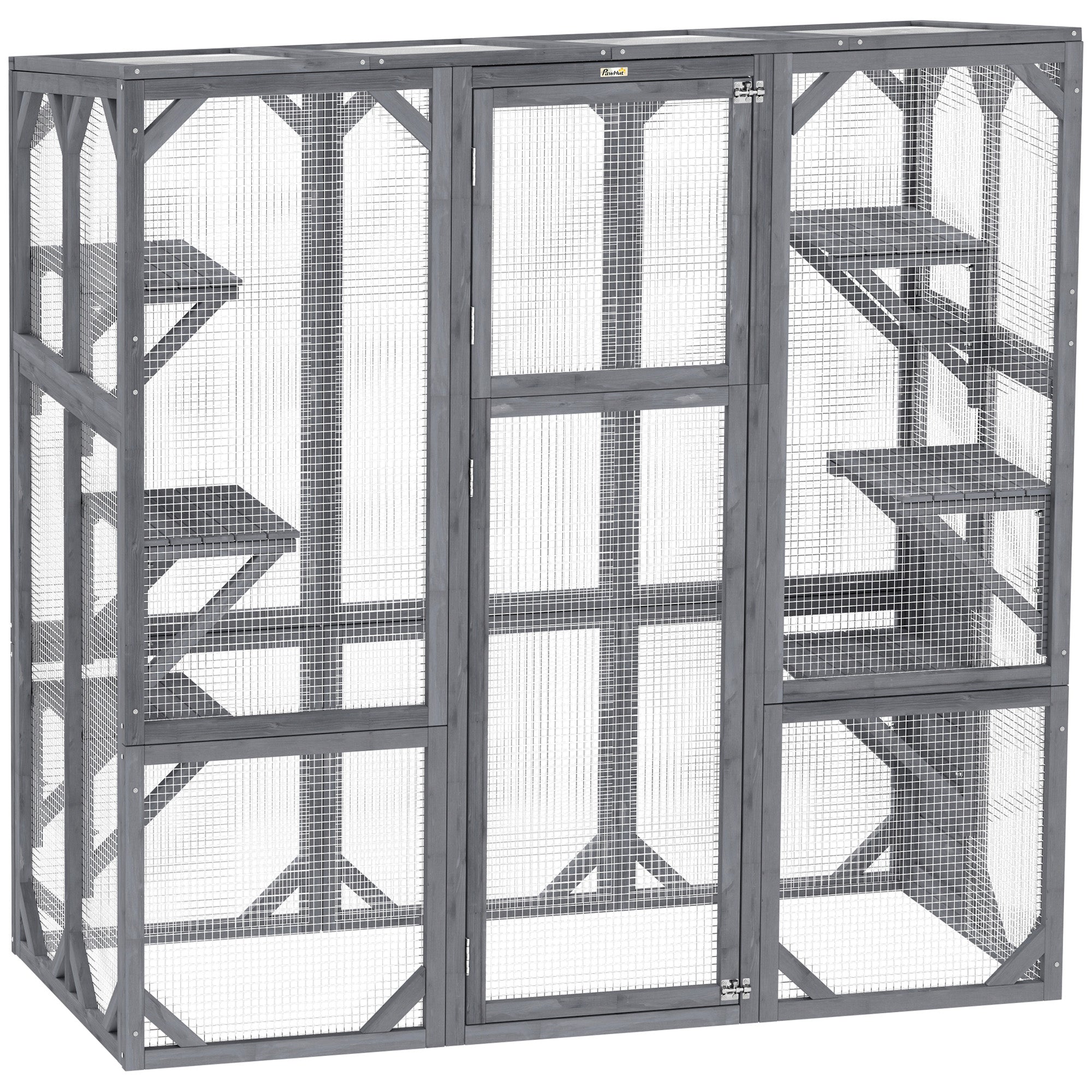 Large Wooden Catio Outdoor with 6 Jumping Platforms, Weatherproof Roof, for 1-3 Cats, 59" x 28" x 60", Gray - Gray