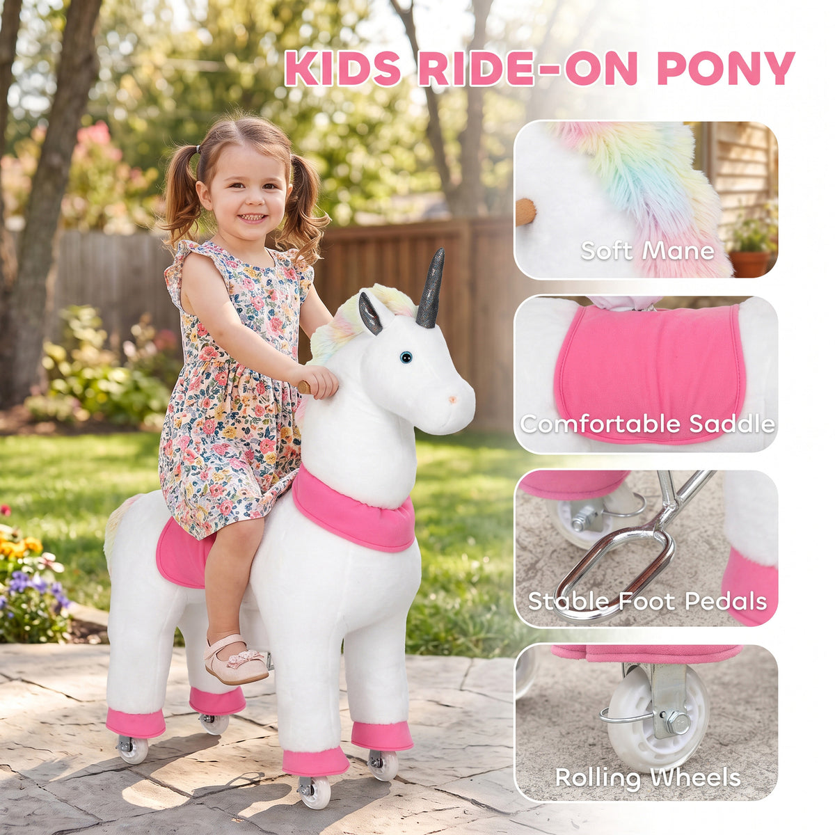 Unicorn Ride on Horse for Kids 4-12 Years, 37.4 Inch Height Plush Riding Pony with Rolling Wheels for Active Play, White