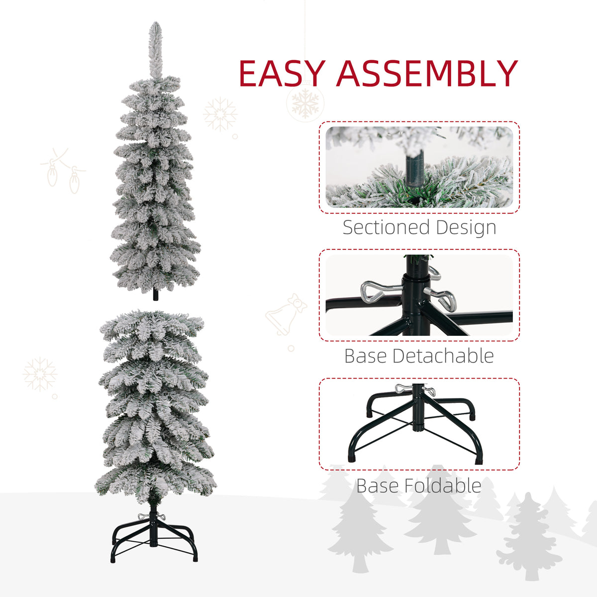5' Tall Unlit Slim Pencil Xmas Tree, Snow-Flocked Artificial Christmas Tree with Realistic Branches and 301 Tips, Green