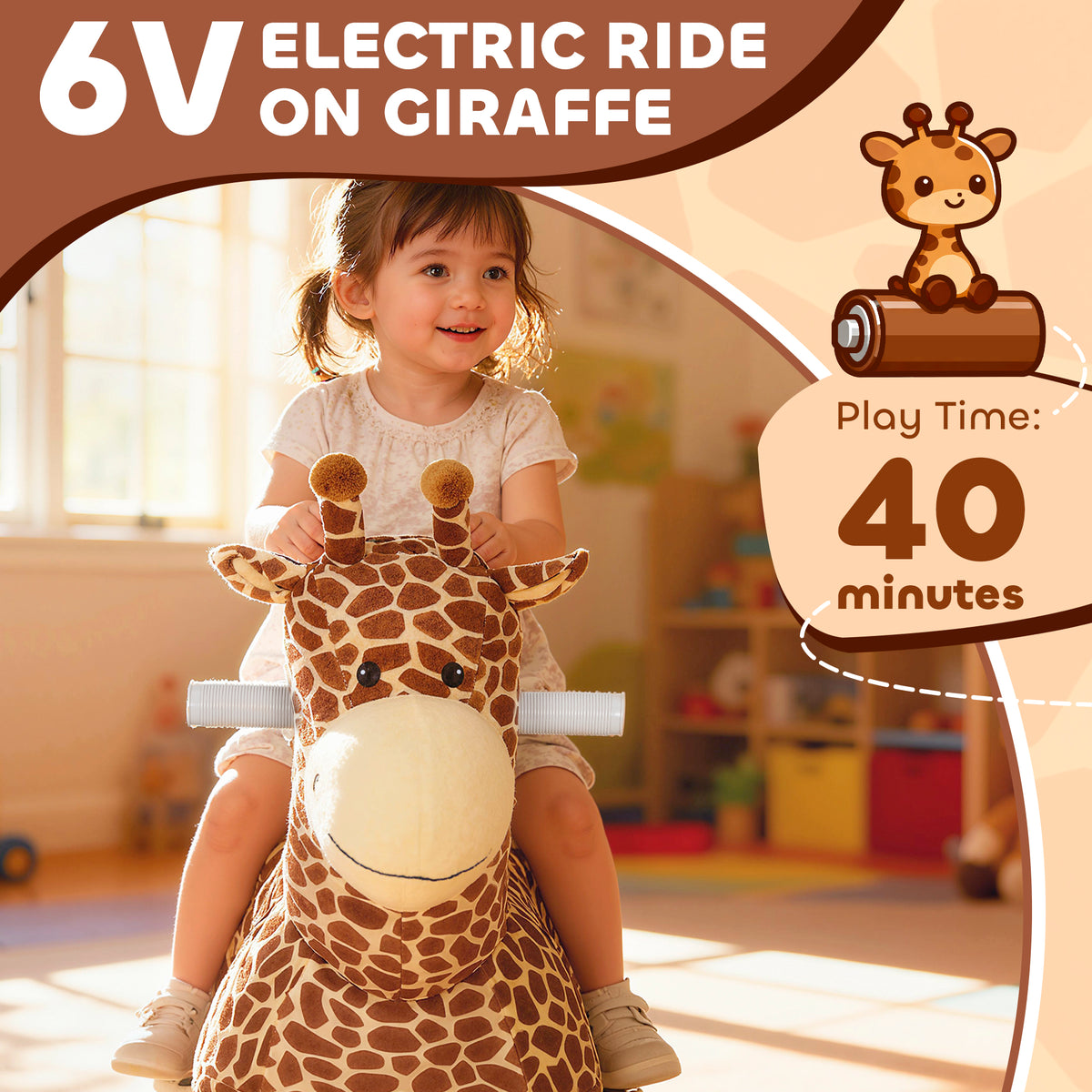 Qaba Kids Electric Ride On Giraffe, 6V Battery Powered Ride On Toy with Washable Cover, Music for 1.5-5 Years, Brown