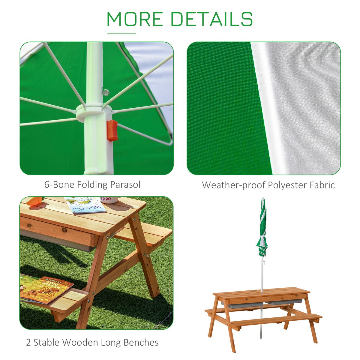 Kids 3 in 1 Sand and Water Table, Wooden Outdoor Convertible Picnic Table with Umbrella and Storage Inside, Bench Backyard Furniture for Garden, Patio, or Balcony