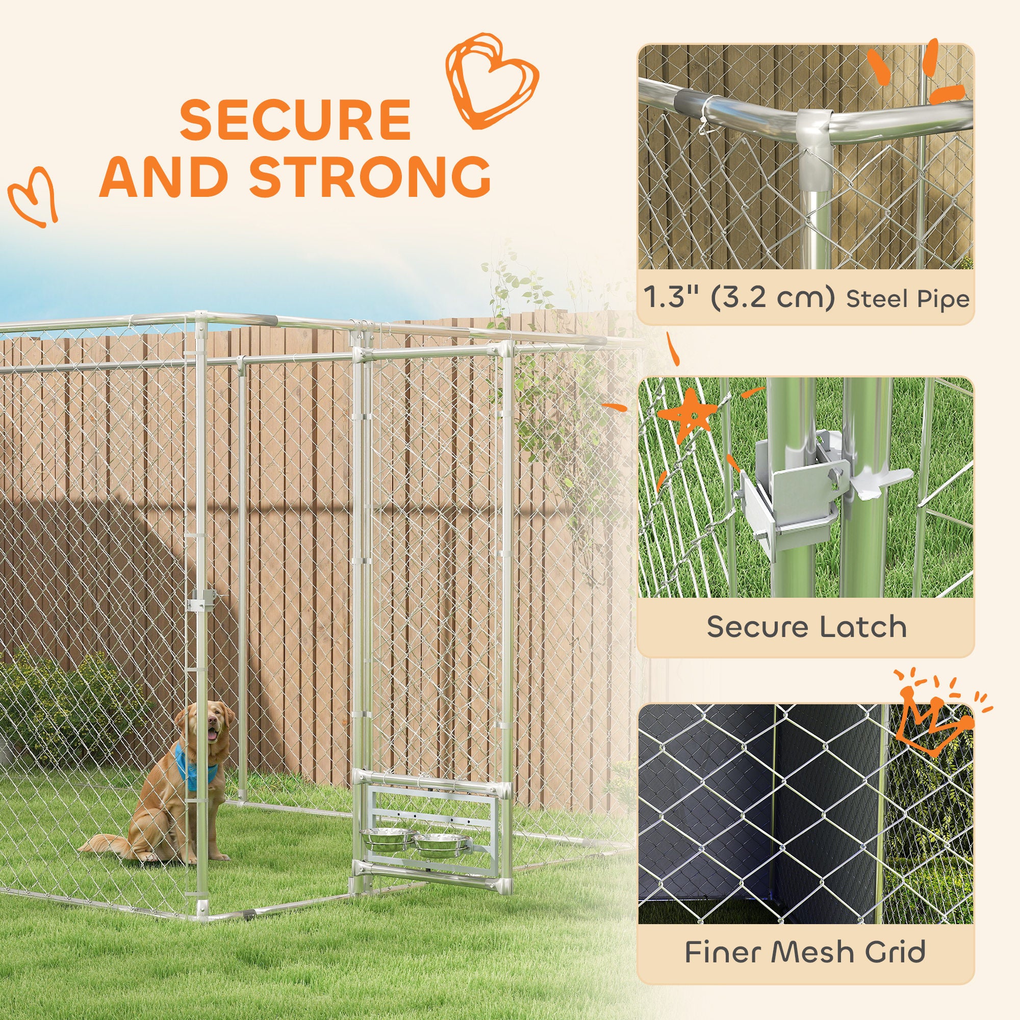 Galvanized Chain Link Large Outdoor Dog Kennel with Waterproof & UV-Resistant Cover, for M&L Dogs, 19.7' x 7.5' x 7.5' - Silver - Image 5