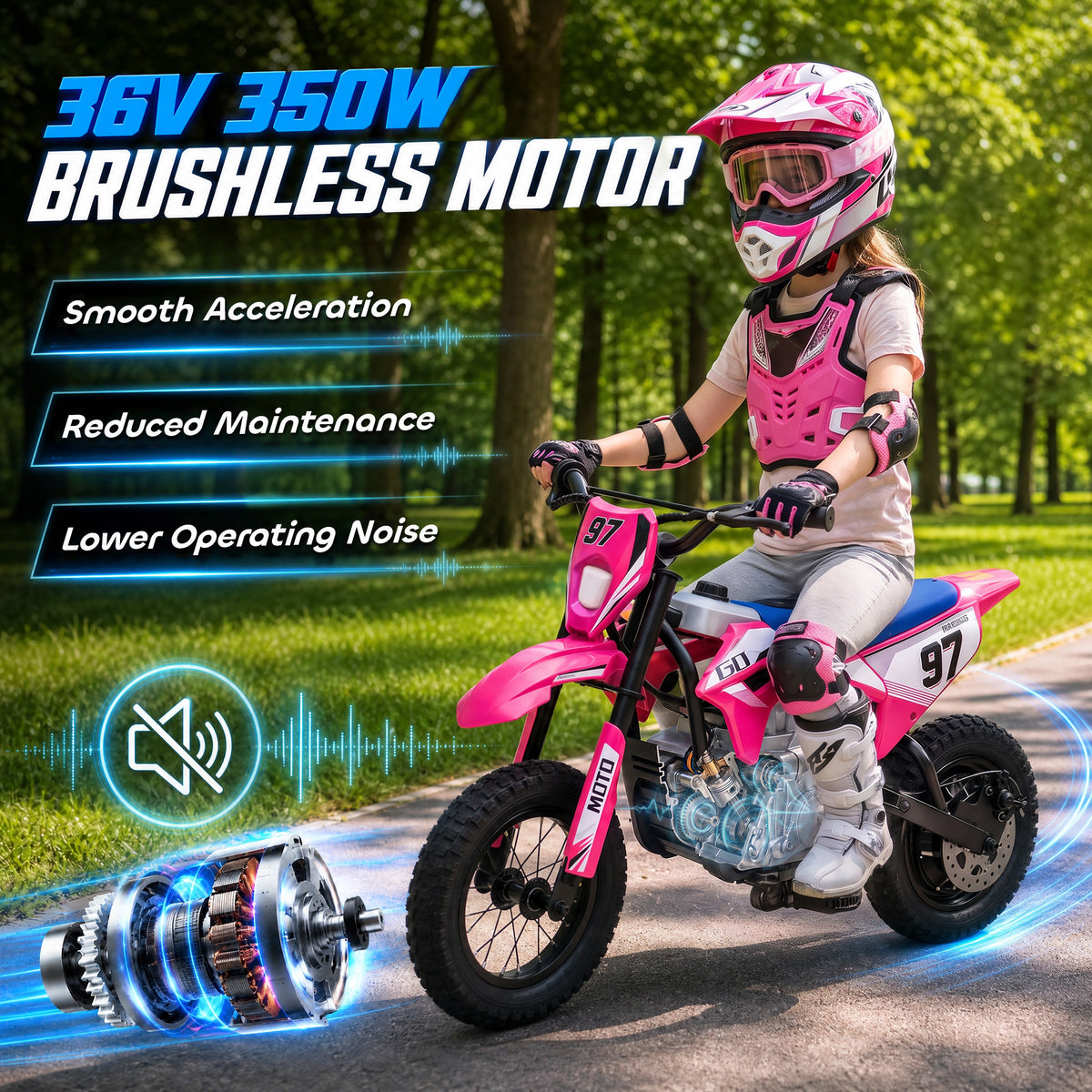 36V Electric Dirt Bike for Kids with Brushless Motor, Up to 9.9 MPH, Inflatable Tires and Rear Suspension, Pink