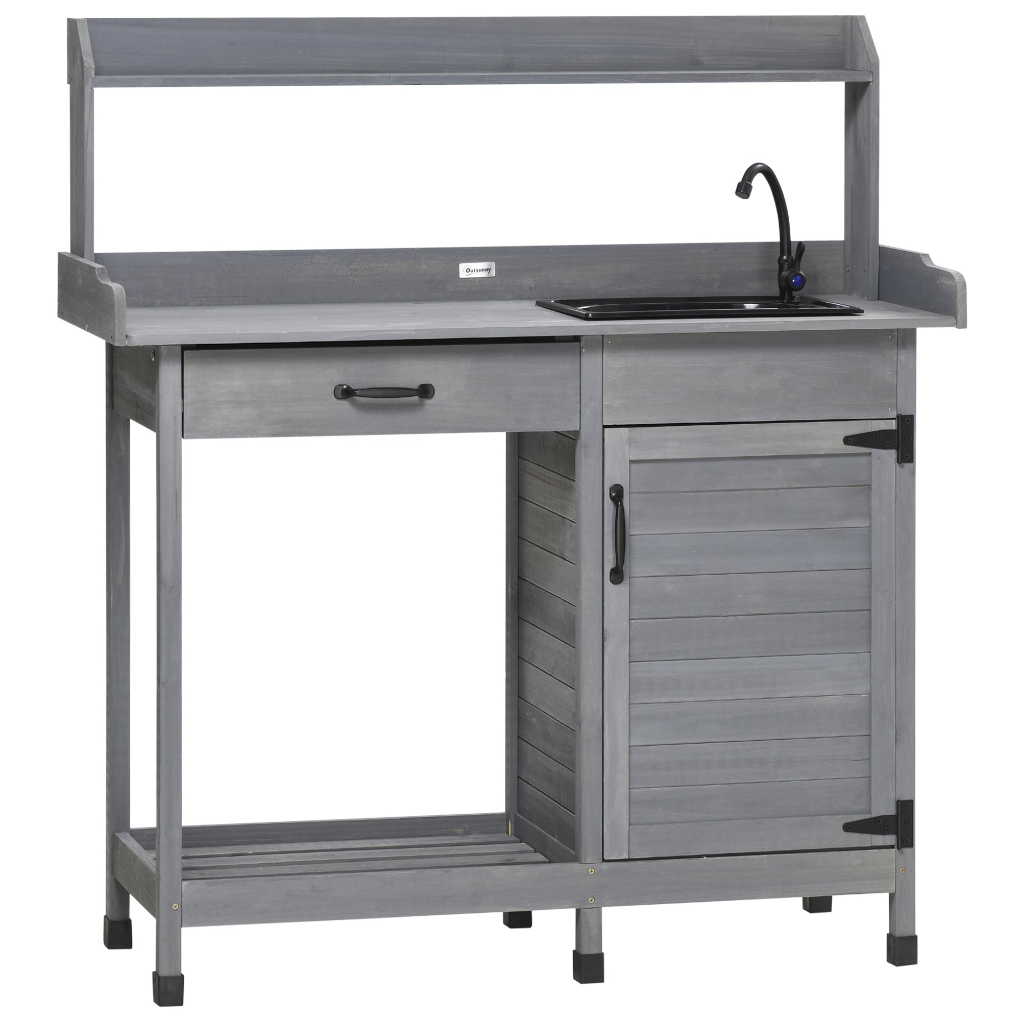 Potting Bench Table with Sink, Outdoor Work Bench Table with Storage Cabinet, Hooks, Removable Sink, Faucet and Drawer for Greenhouse, Garden, Patio, Gray - Gray
