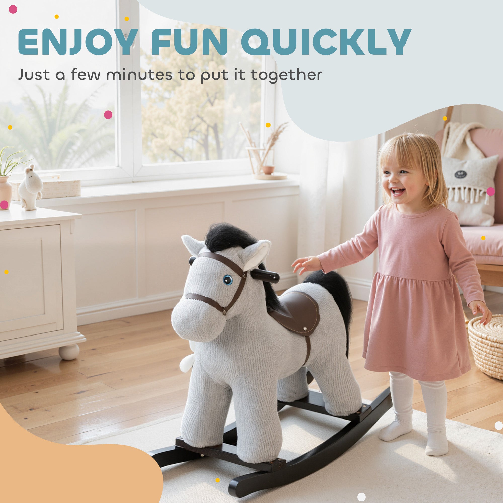 Kids Rocking Horse, Plush Toddler Ride on Toy with Realistic Neigh and Toy for 2–5 Years Old, Gray