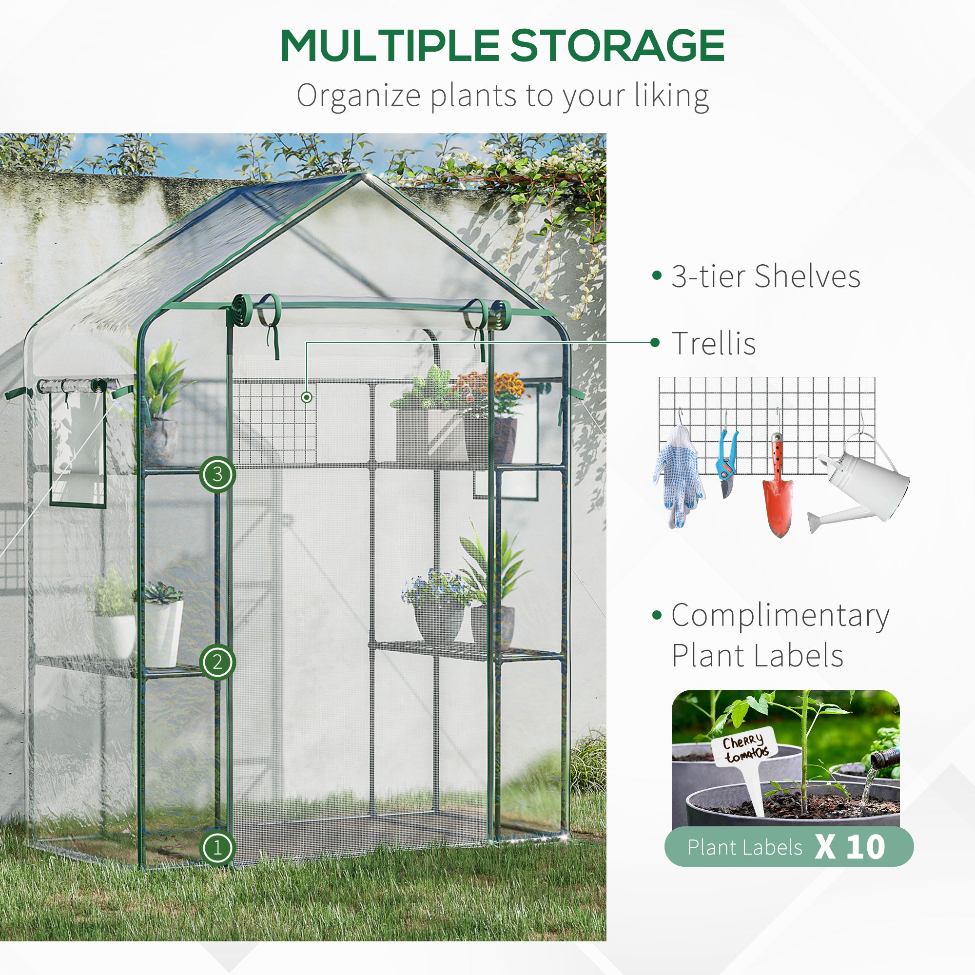 Outdoor Walk-in Mini Greenhouse with Mesh Door & Windows, Small Portable Garden Green House with 3 Tiers 6 Shelves, Trellis, & Plant Labels - Clear - Image 5