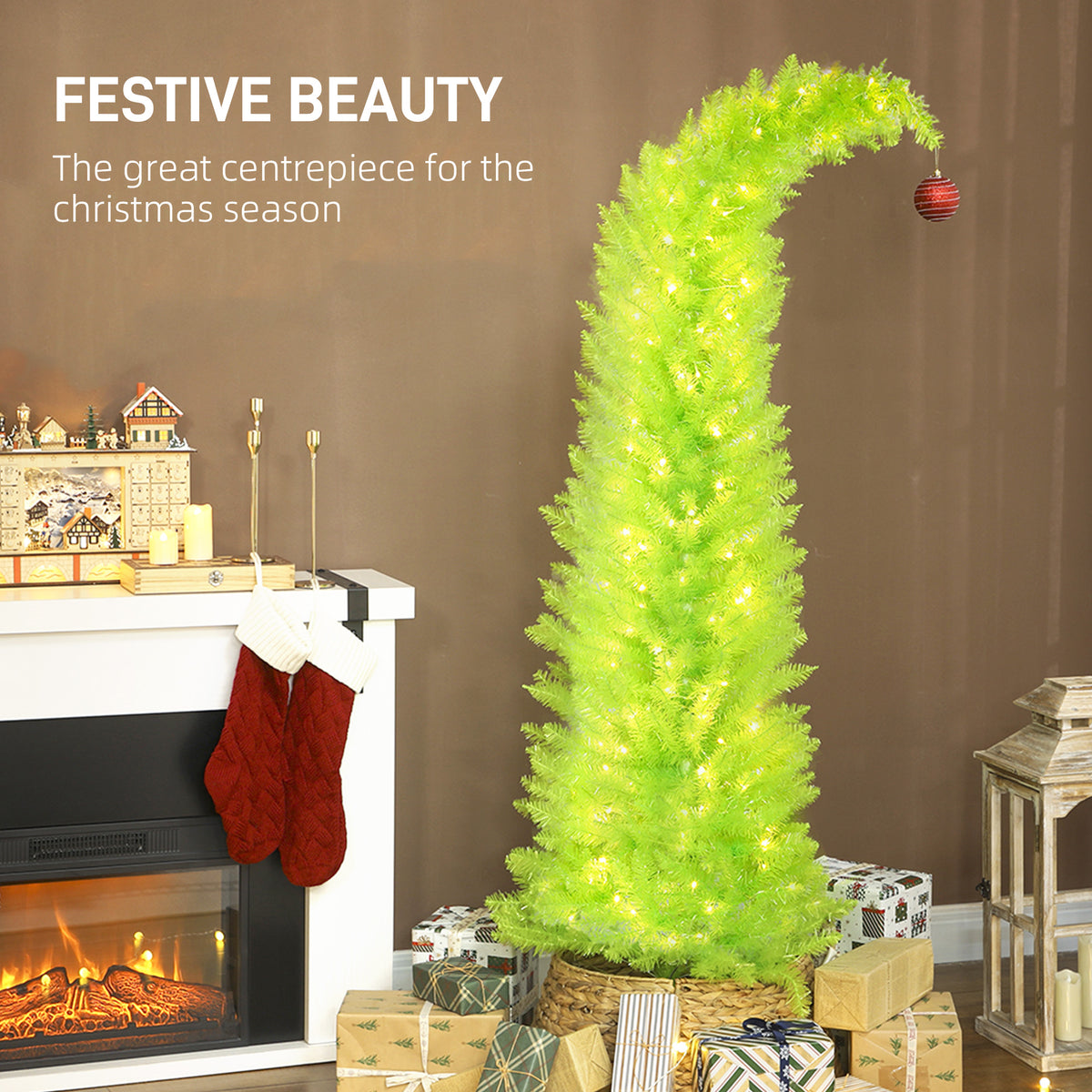 6 ft Whimsical Christmas Tree, Pencil Xmas Tree with with Red Ball, Metal Base, Prelit with 230 LED Lights