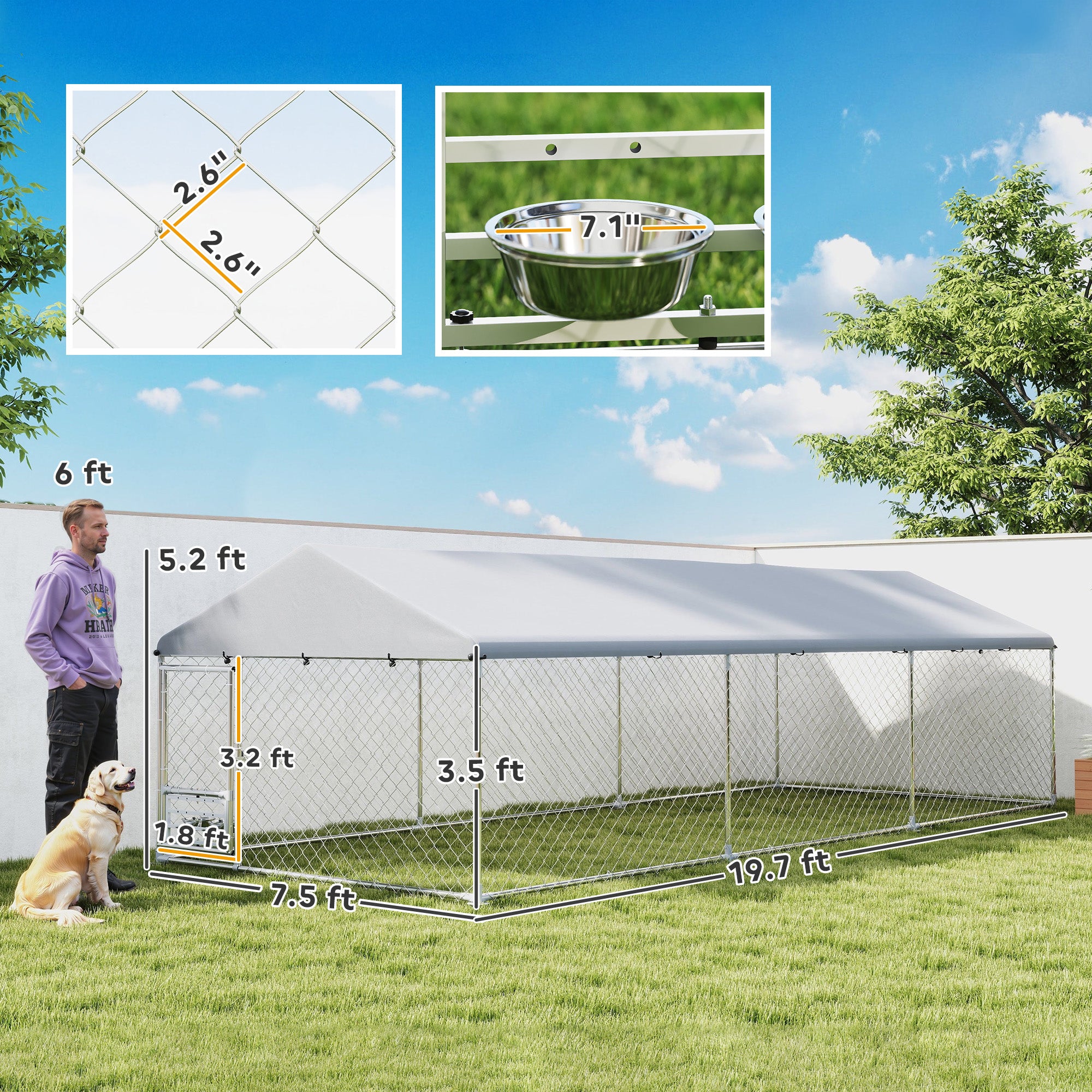 Outdoor Dog Kennel with Adjustable & Rotatable Bowl Rack, Waterproof Cover, Secure Lock, 19.7' x 7.5' x 5.2' - Silver - Image 3