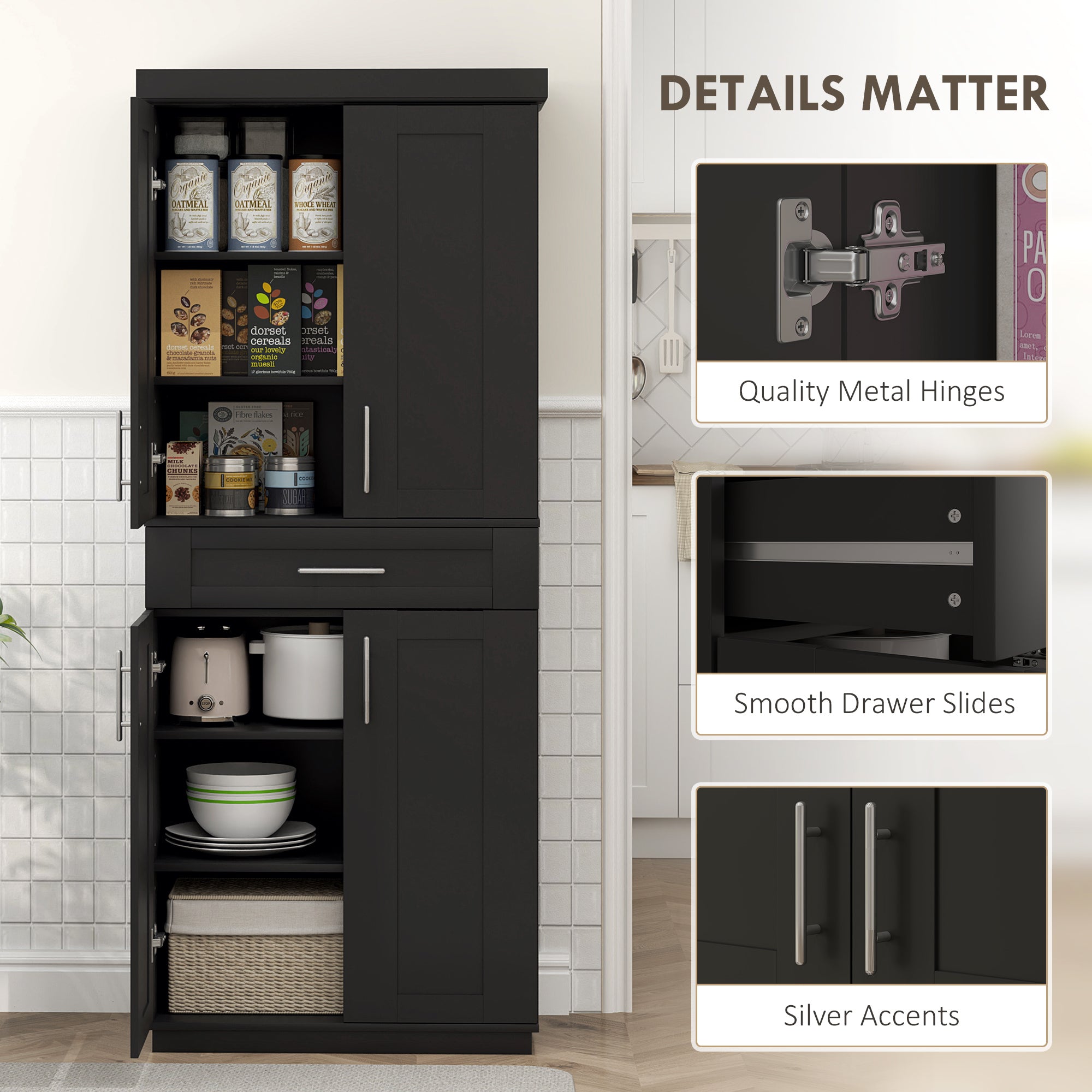 Modern Kitchen Pantry Freestanding Cabinet Cupboard with Doors and Drawer, Adjustable Shelving, Black