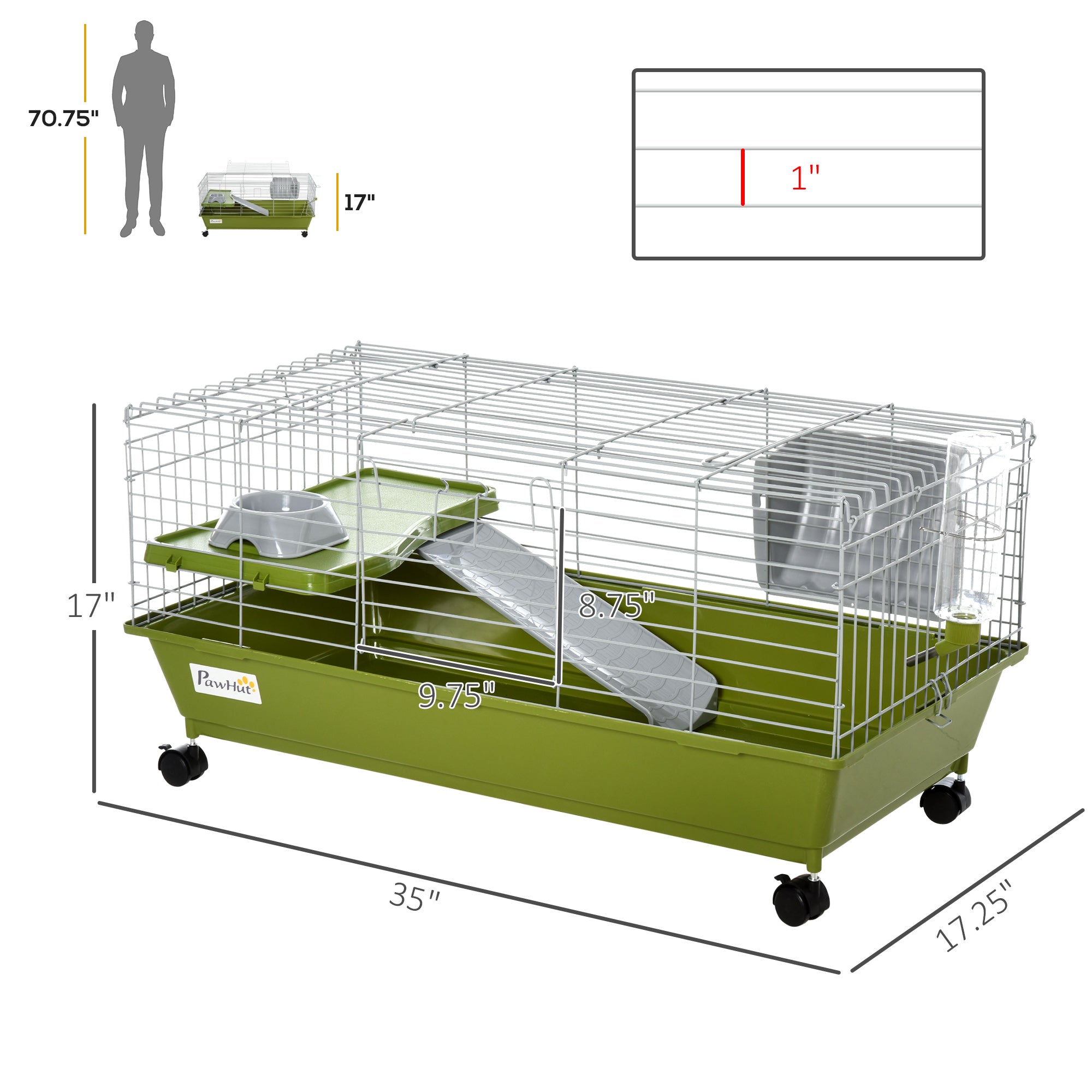 35"L Small Animal Cage, Rolling Bunny Cage, Guinea Pig Cage with Food Dish, Water Bottle, Hay Feeder, Platform, Ramp for Chinchilla, Green - Green - Image 3