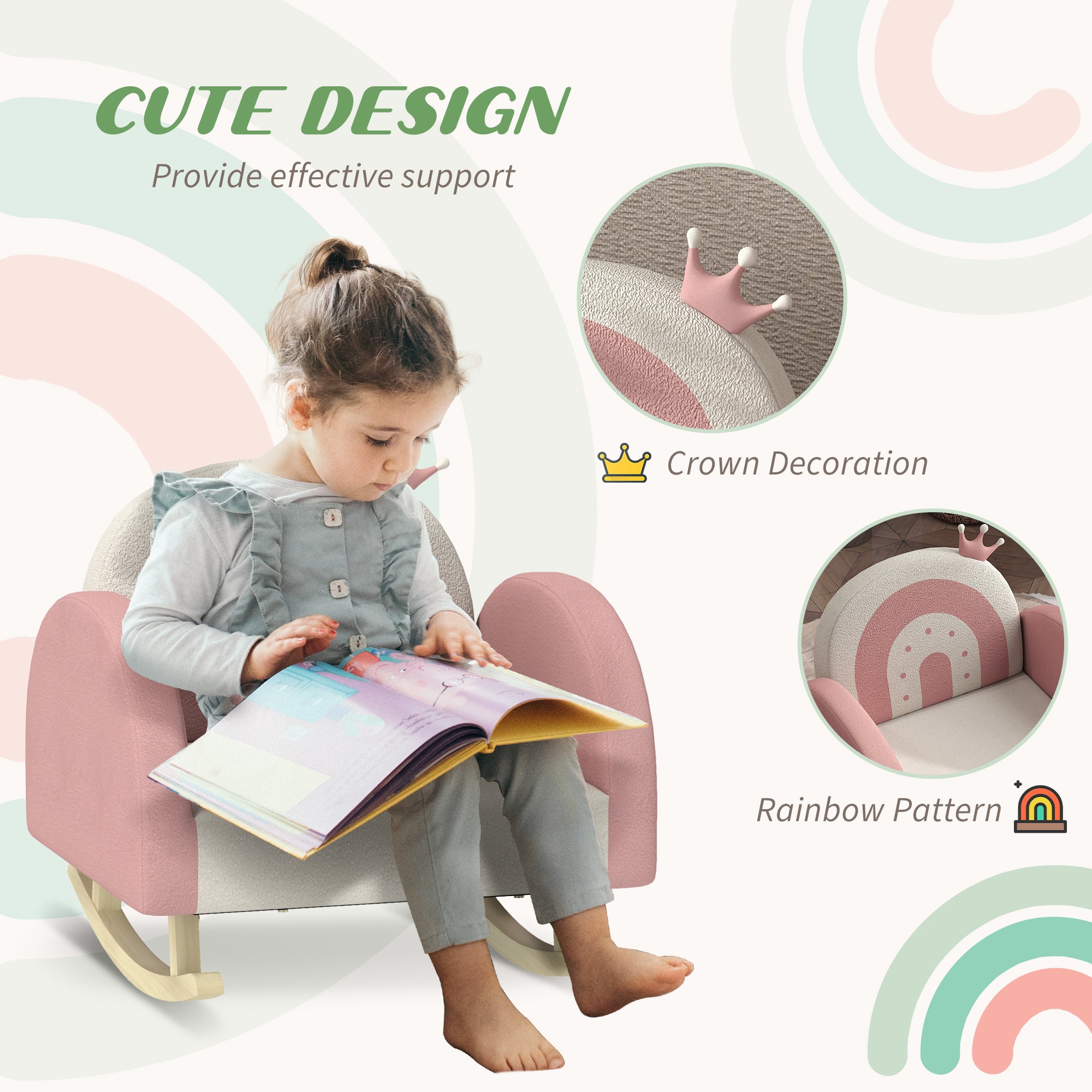 Kids Rocking Chair, Princess Crown Toddler Chair, Children's Armchair Rocker for Bedroom, Playroom, Pink