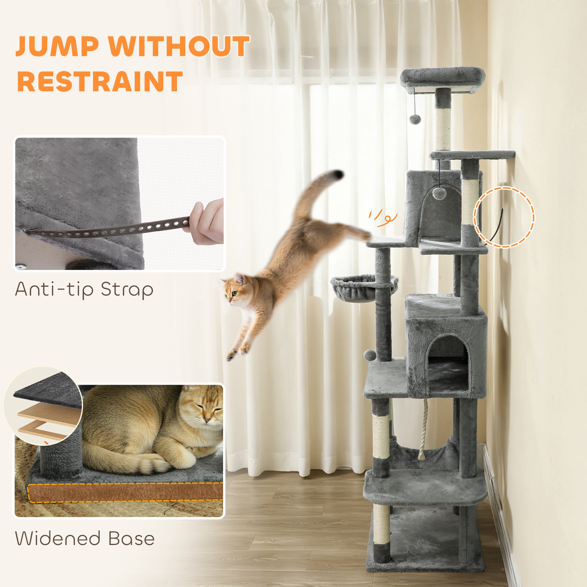 Multi-Level Cat Tower, 80" Tall Cat Tree, with 2 Condos, 2 Hammocks, 6 Sisal Scratching Posts, Dark Gray - Dark Gray - Image 8