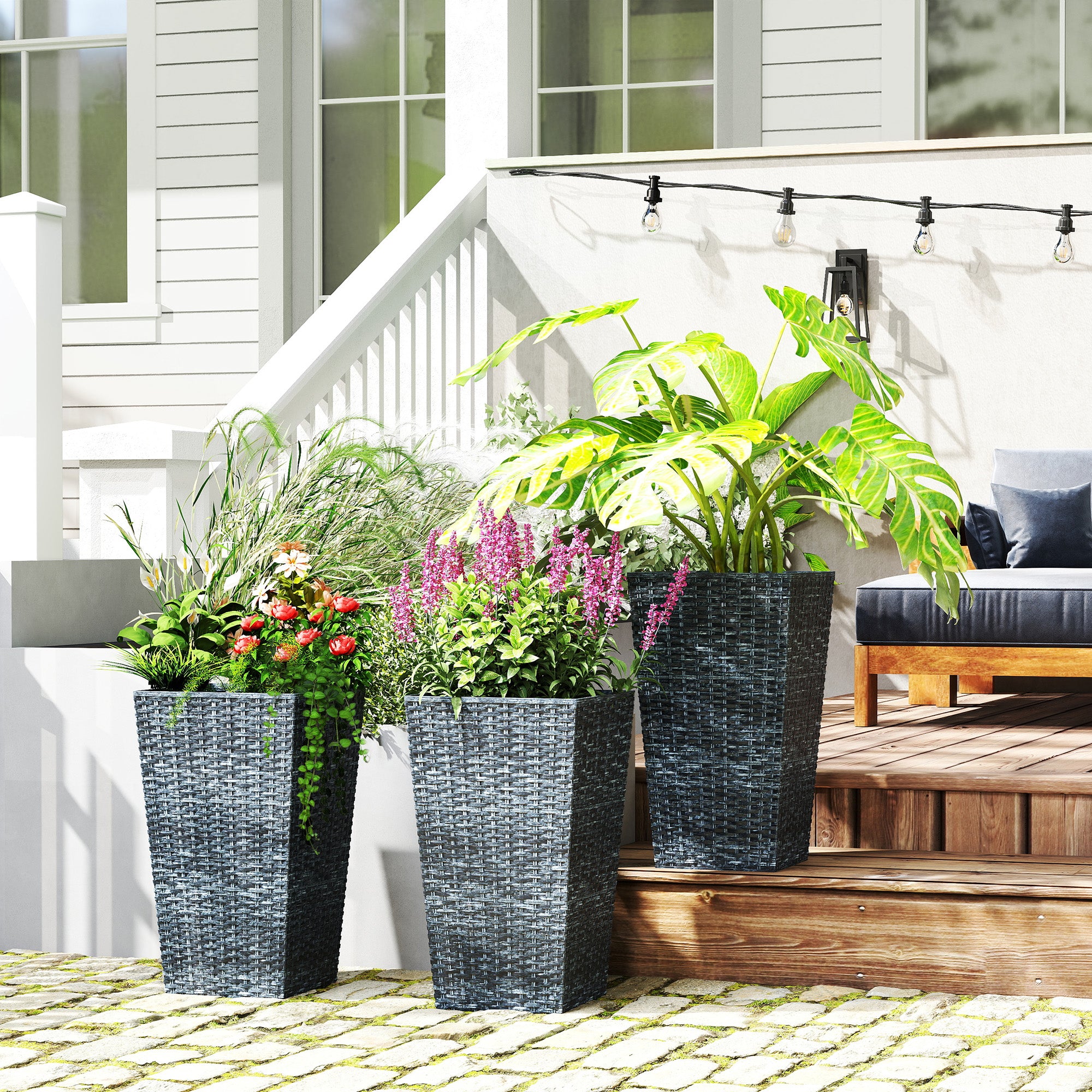 Tall Planters for Outdoor Plants Set of 3, 24 In Taper Planters with Drainage Holes, Rattan Decor Plant Pots for Indoor Outdoor Front Porch Patio Backyard, Gray - Grey - Image 2