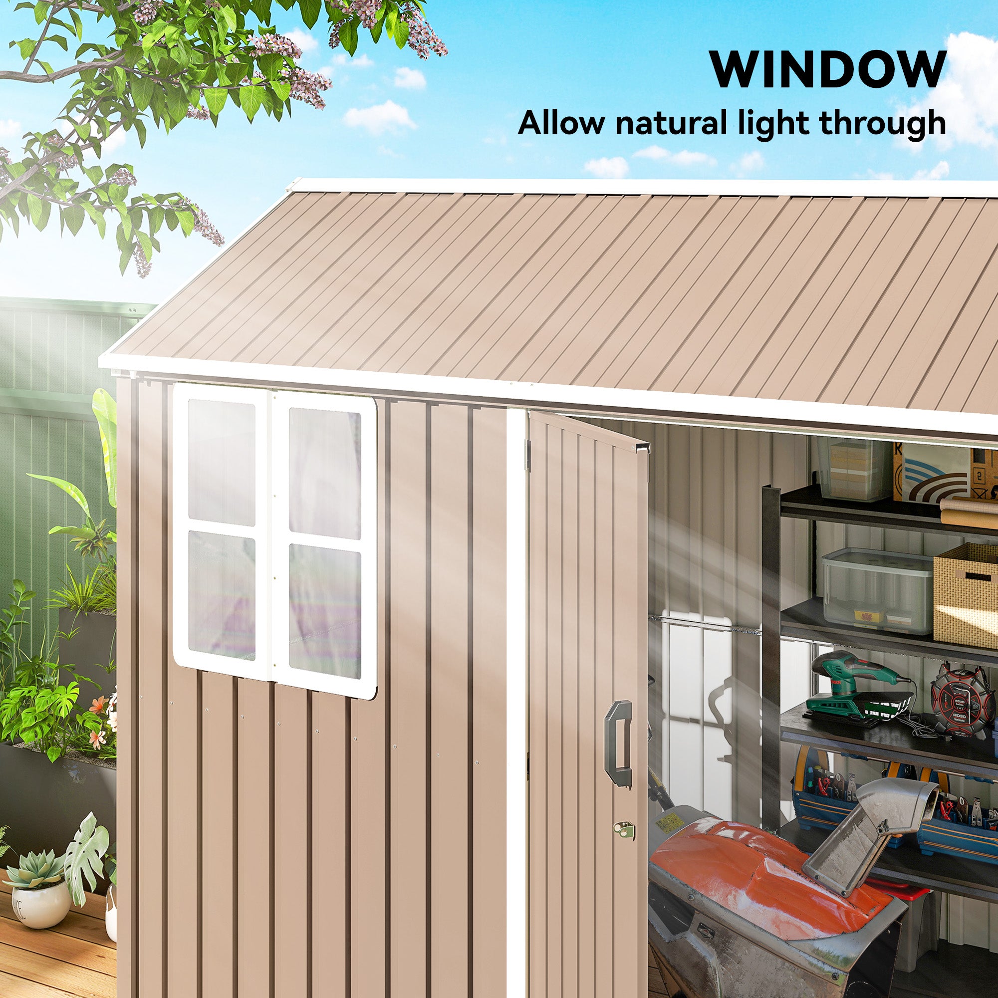 8' x 6' Metal Garden Storage Shed, Extra Large Outdoor Tool Storage House w/ Doors, Window and Air Vents, Brown - Brown - Image 5