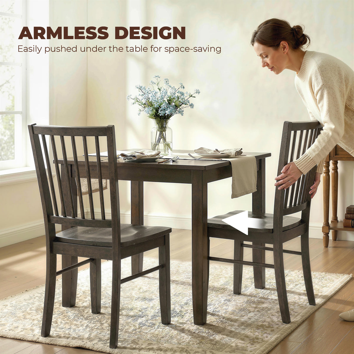 Dining Chairs Set of 2 Ergonomic Solid Wood, Armless Kitchen Chairs with Rubberwood Legs, Charcoal Gray