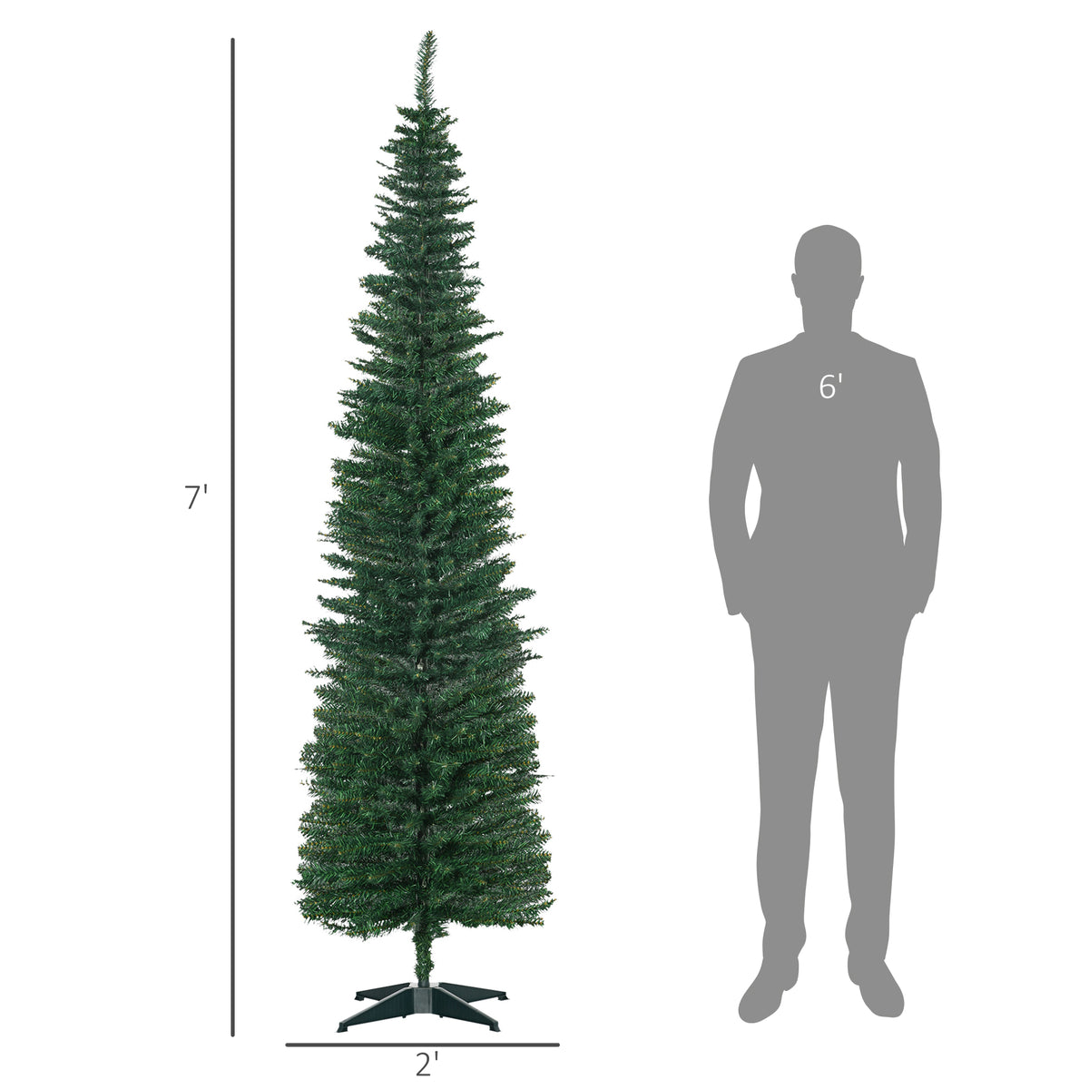 7ft Unlit Pencil Artificial Christmas Tree with Realistic Branches and 499 Tips, Plastic Base, Green