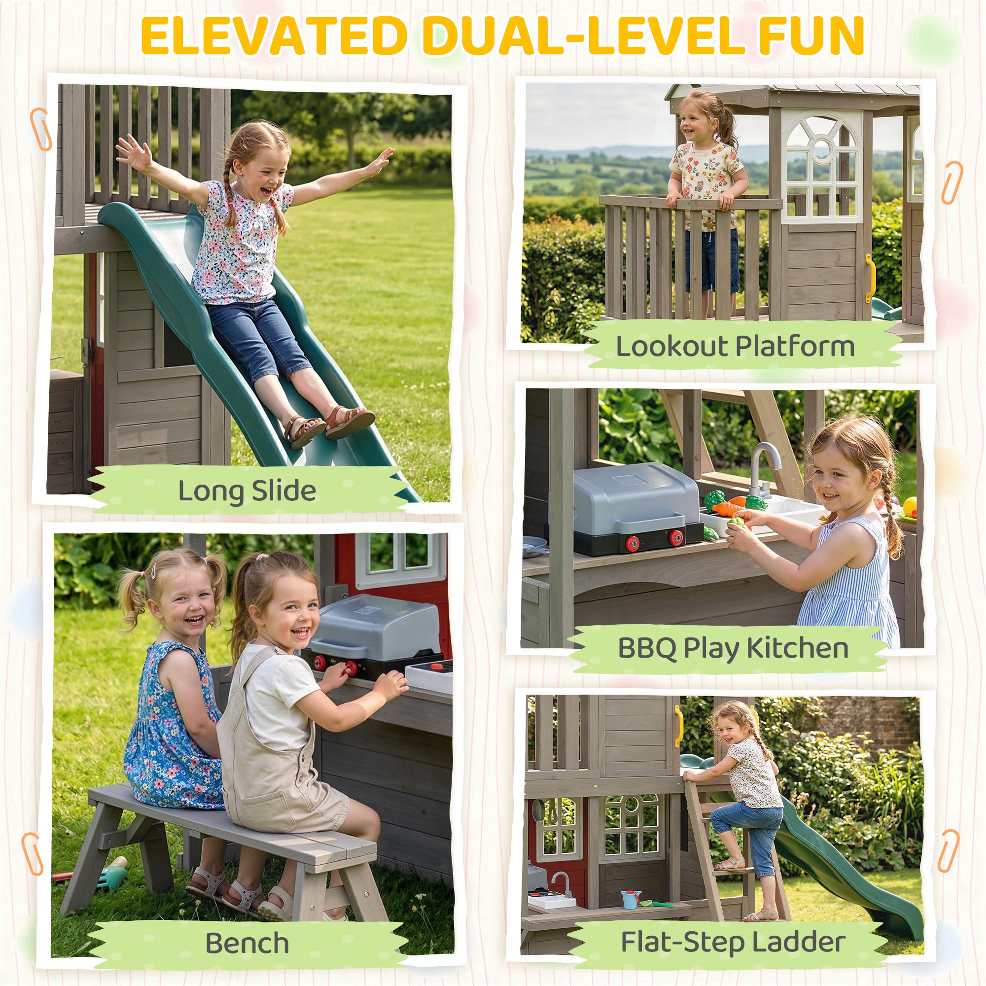 Two-Story Outdoor Playhouse, Wooden Kids Playhouse with Slide, Bench, BBQ Play Kitchen, Ladder, Lookout Platform, Clock