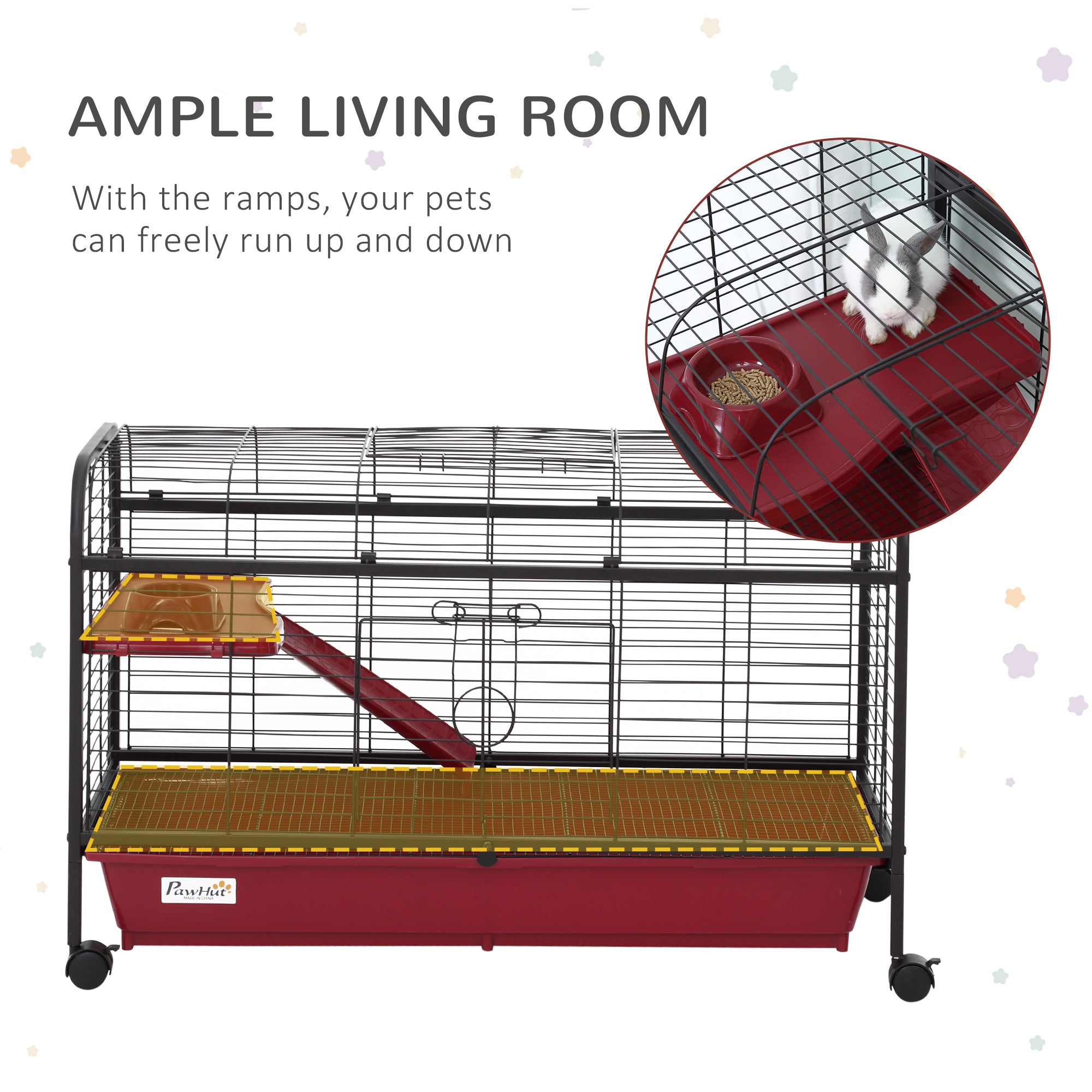 41"L Small Animal Cage, Pet Play House for Rabbit Hutch Ferret with Feeder, Rolling Wheels, Platform, Ramp - Red and Black - Image 4