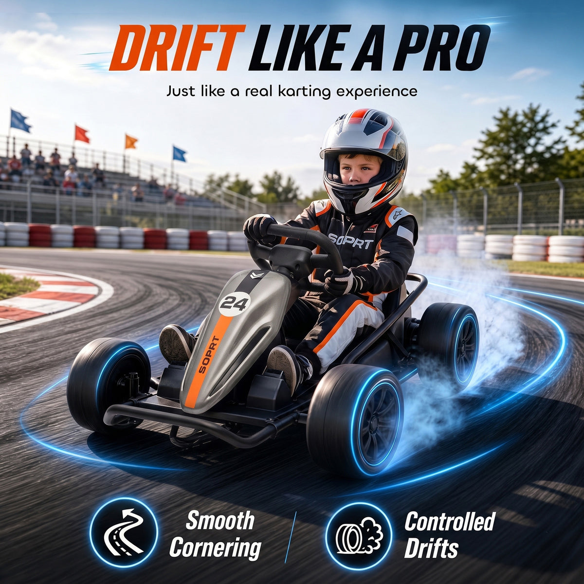 24V Electric Drift Go Kart for Kids with Dual Motors, Soft Start, PU Wheels, 7.5MPH High Speed, for Ages 6+, Gray