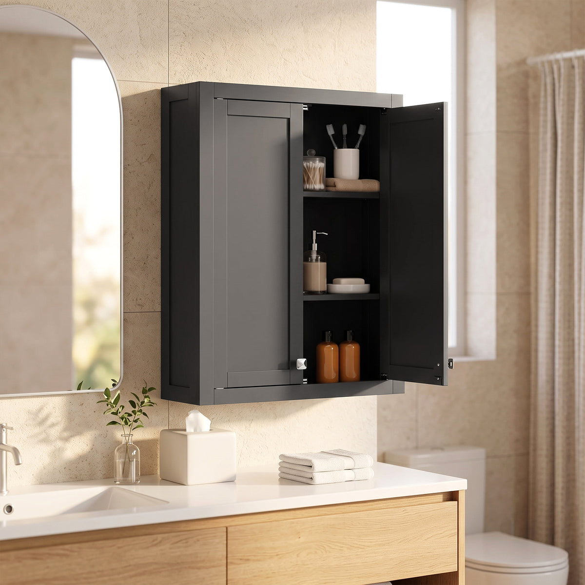Bathroom Cabinet Wall Mounted, Modern Bathroom Wall Cabinet with 2 Doors and 2 Adjustable Shelves, Black