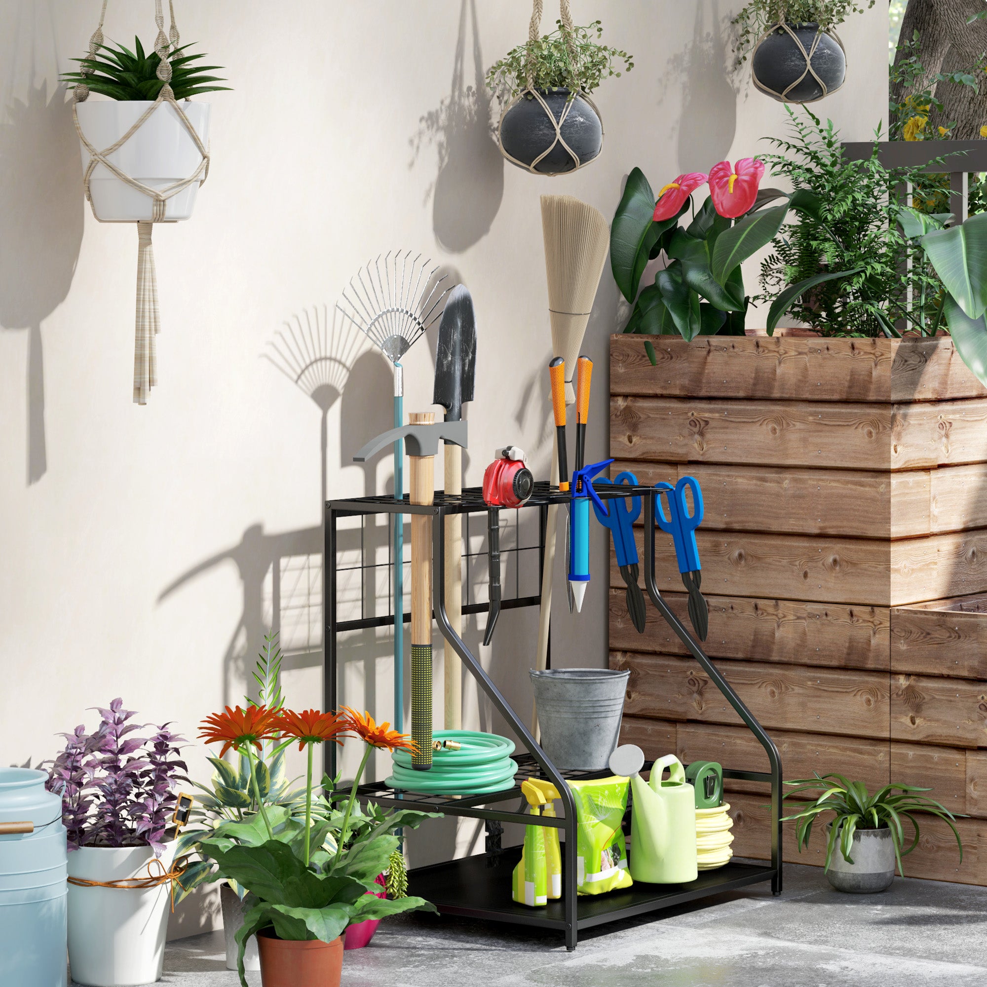 3-Tier Yard Tool Storage Rack, Garden Tool Organizer with Hooks for Long-Handled, Broom, Shovel, Orange - Orange - Image 8