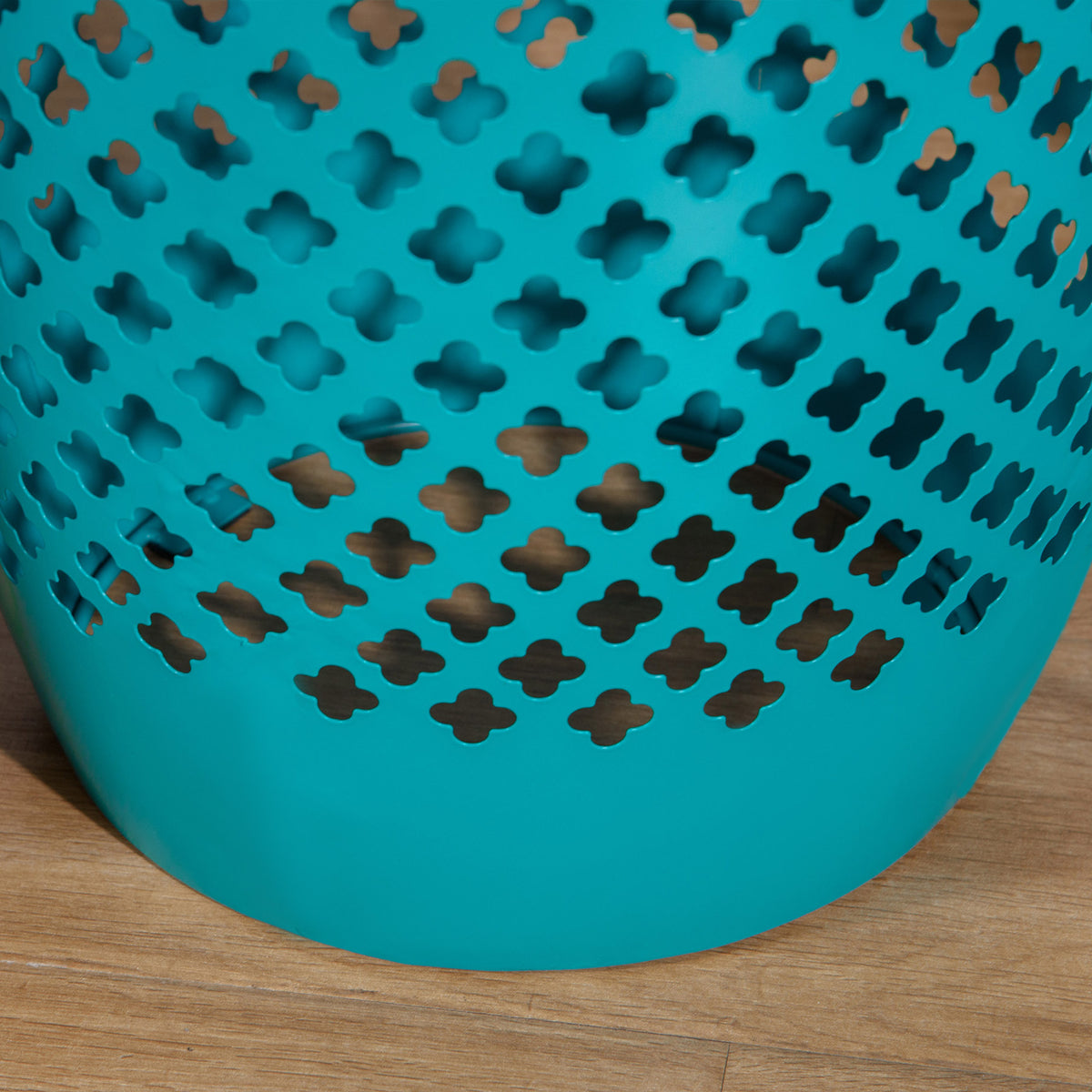12" Steel Outdoor Side Table, Round Hollow Drum Patio End Table, Accent Table for Indoor and Outdoor, Blue