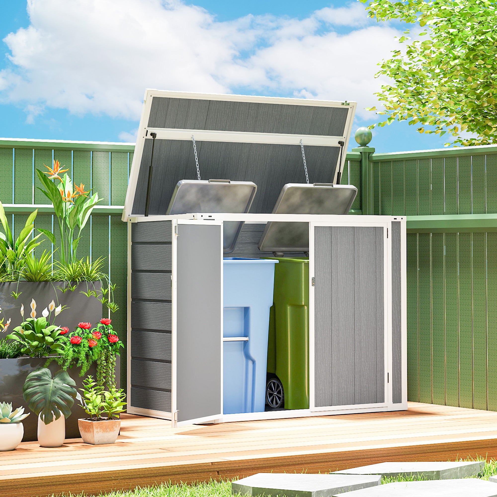 4.7 x 2.5FT Outdoor Horizontal Storage Shed, Lockable Trash Can Storage with Chain Lid, Gray - Gray - Image 2