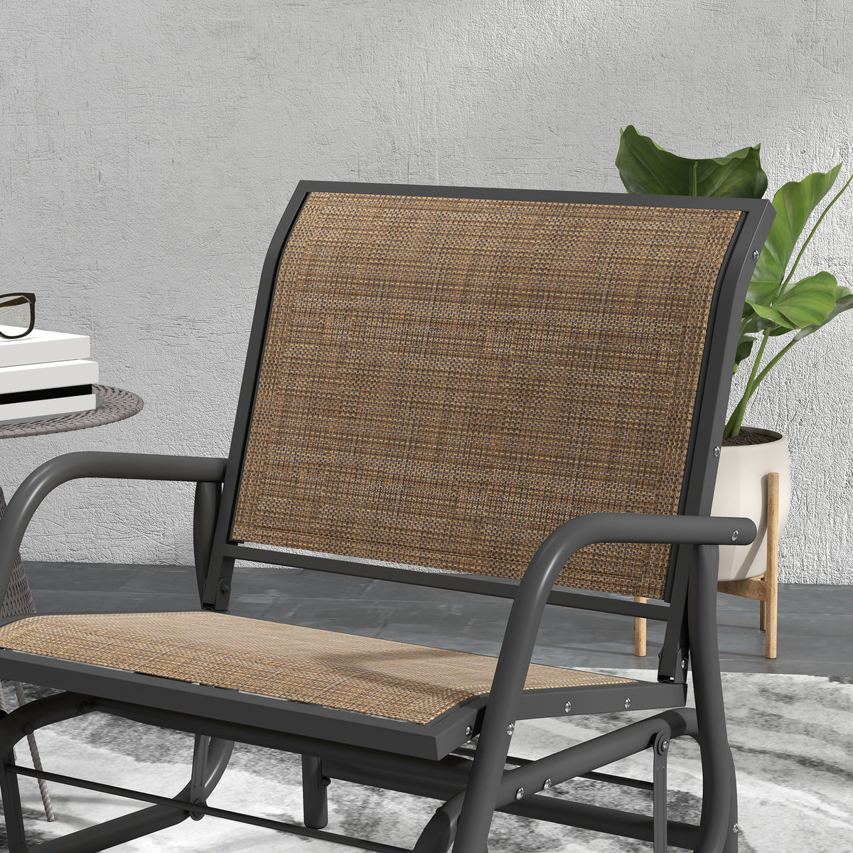 2 Pieces Outdoor Glider Chair, Steel Swing Chai with Curved Armrests for Porch, Garden, Poolside, Balcony, Mixed Brown