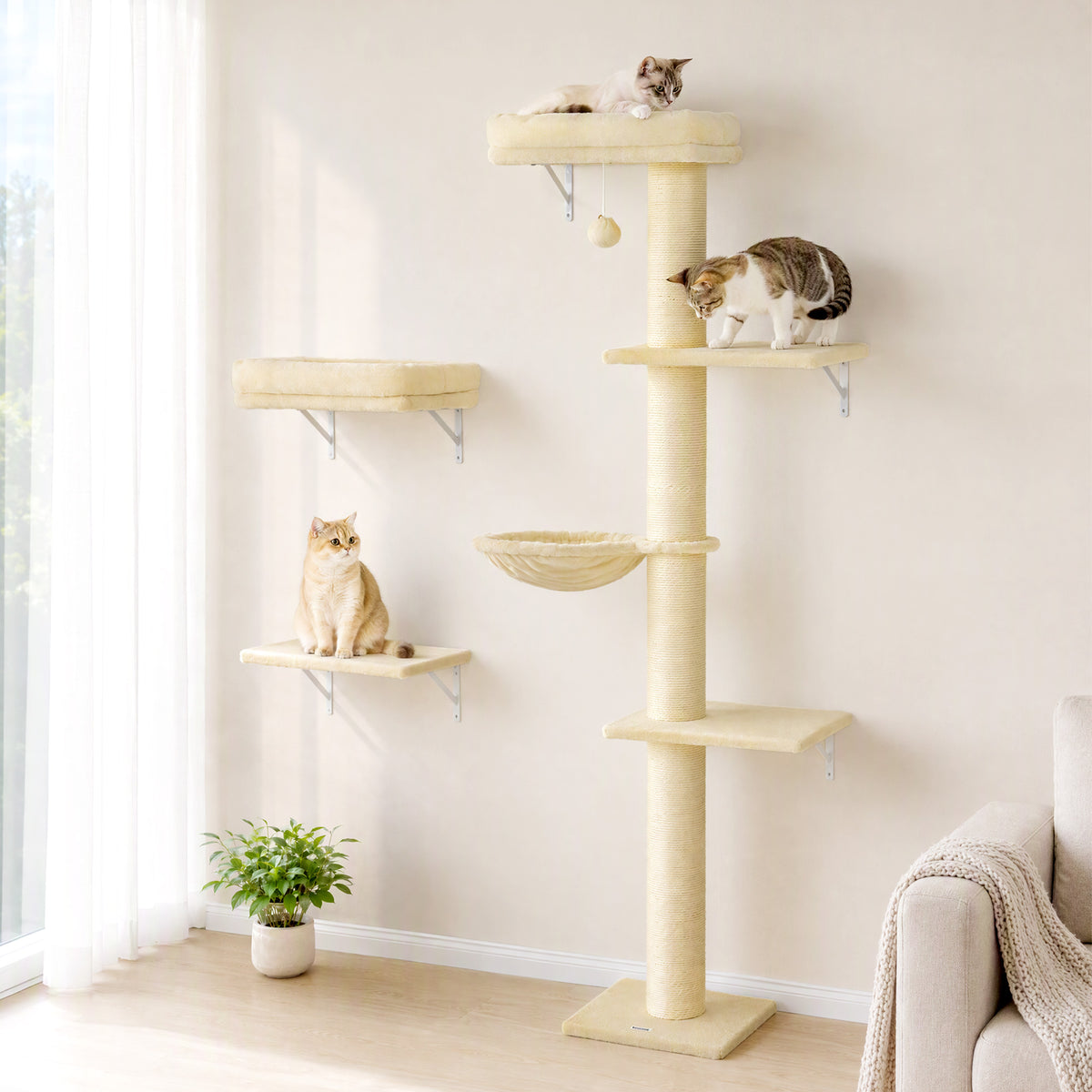 Cat Wall Shelves, 3-in-1 Cat Wall Furniture Set with Scratching Post for Indoor Kittens Climbing Sleeping, Beige