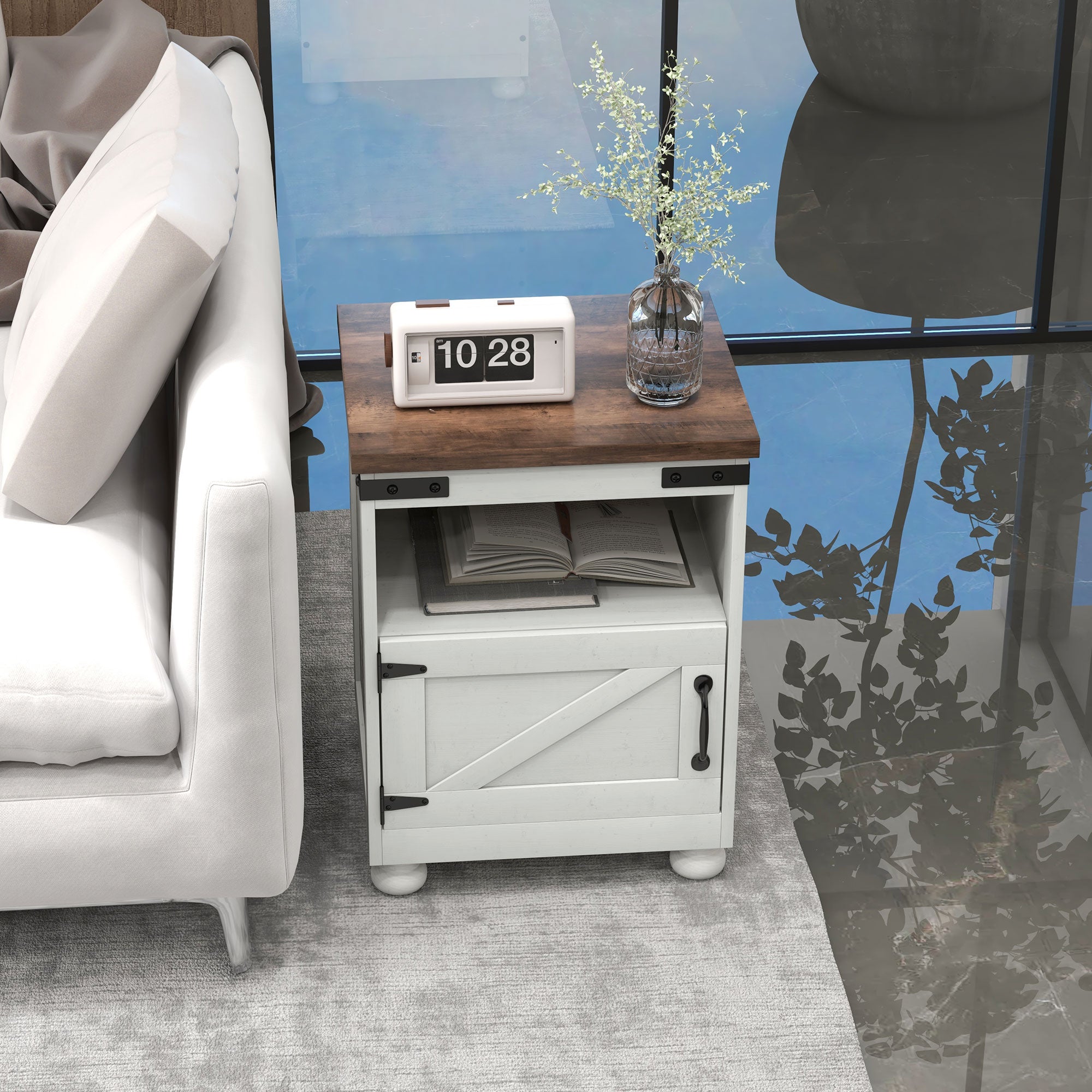 Side Table with Storage, End Table with Open Shelf, Cupboard and Wood Legs, Modern and Farmhouse Style, White