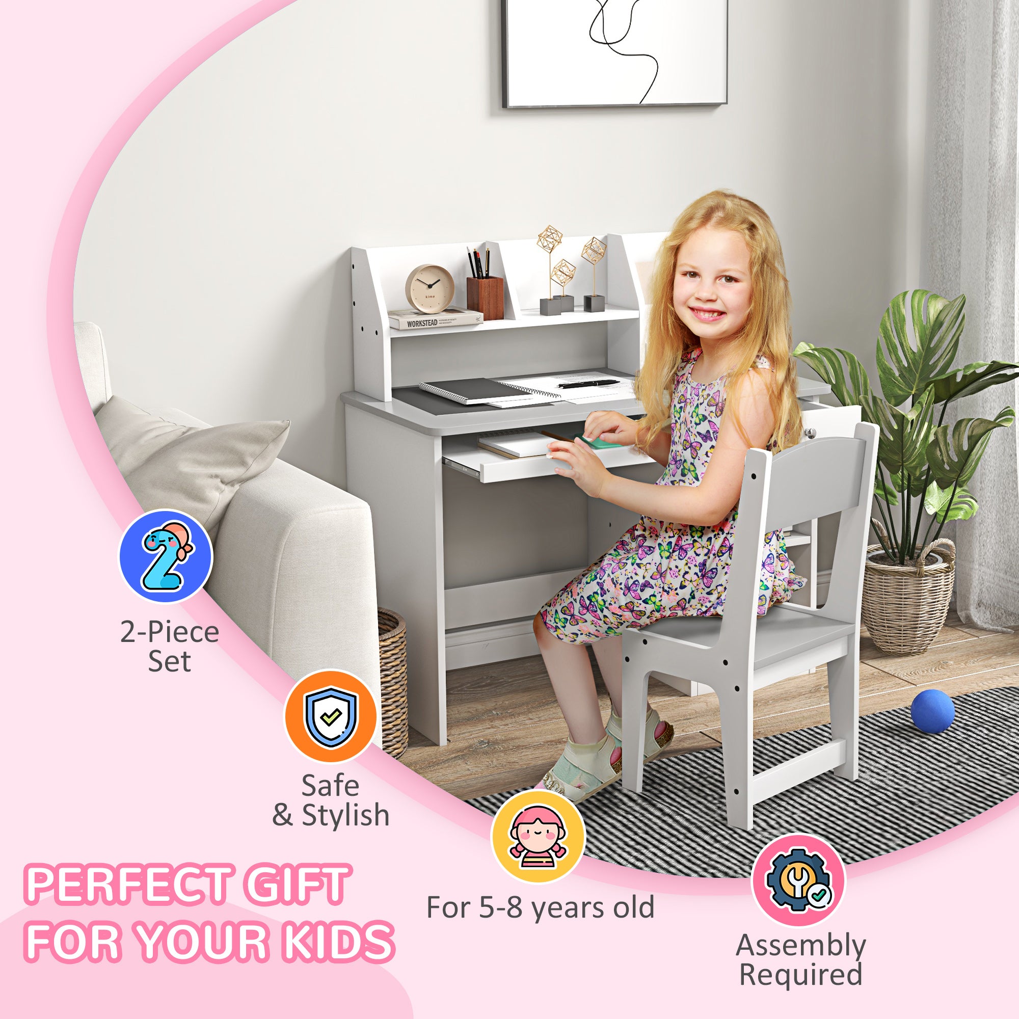 Kids Desk and Chair Set with Storage, Study Desk with Chair for Children 5-8 Years Old, Gray