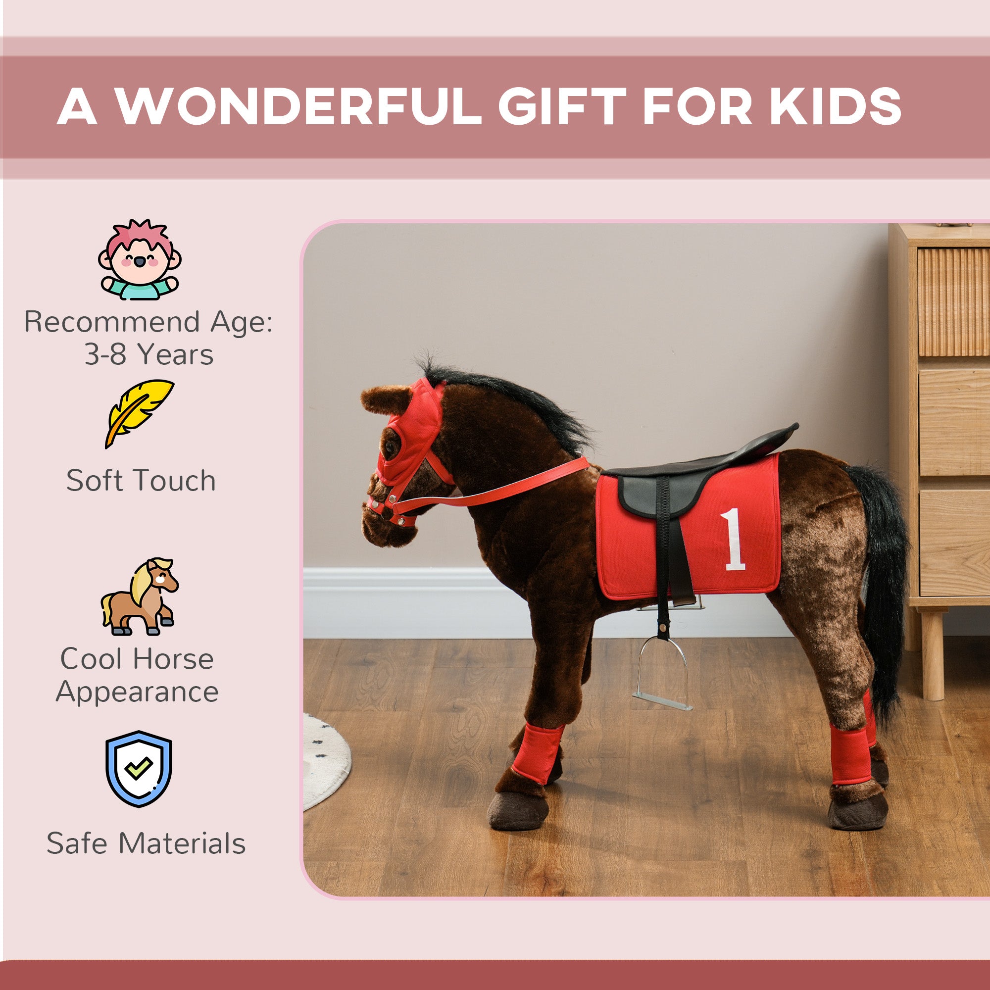 Ride on Horse for Kids 3-8 Years Old w/ Neighing Sound, Saddle & Stirrups