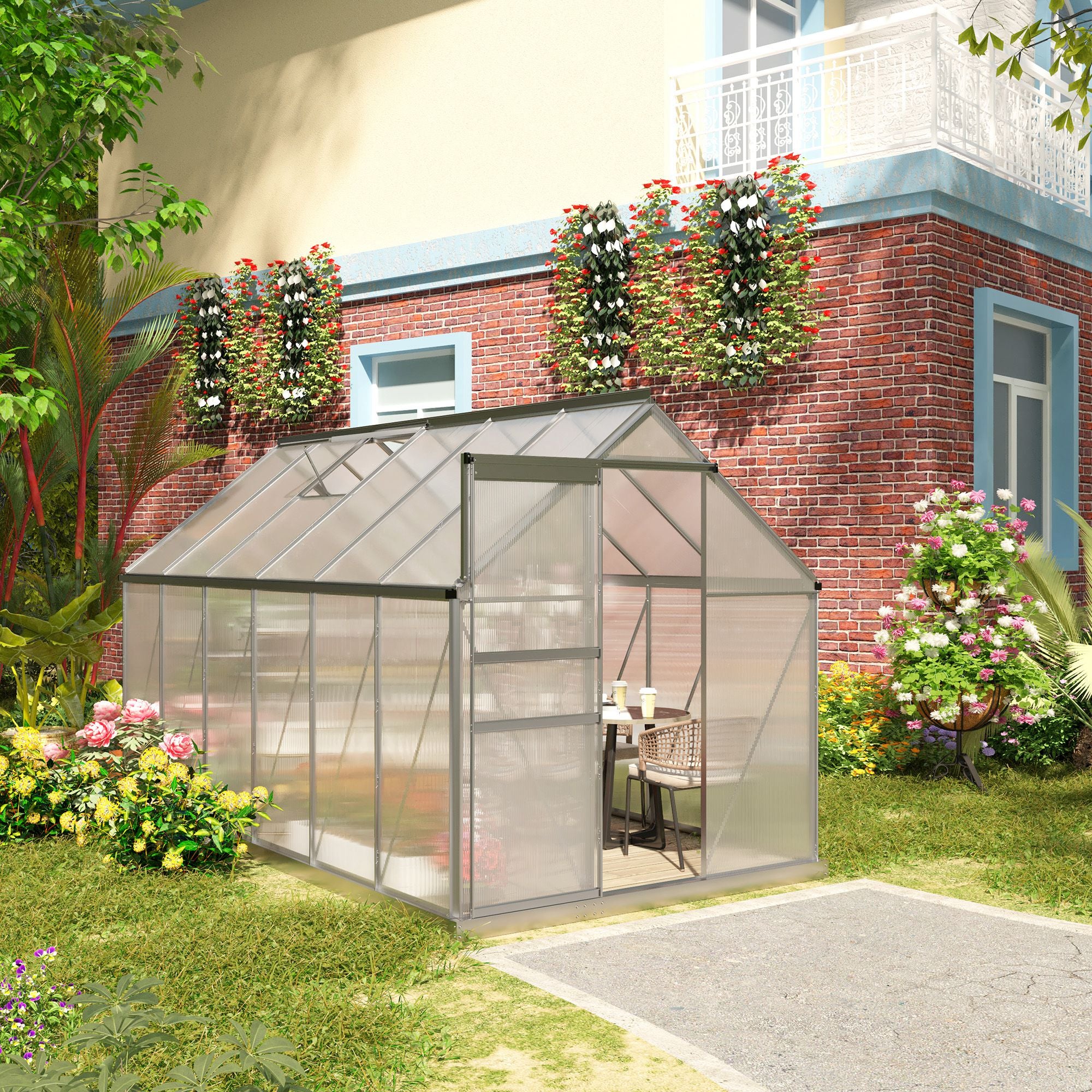 12' x 6' x 6.5' Polycarbonate Greenhouse with Aluminum Frame, Walk-in Heavy Duty Green House with Adjustable Roof Vent, Rain Gutter and Sliding Door for Winter, Silver - Silver - Image 8