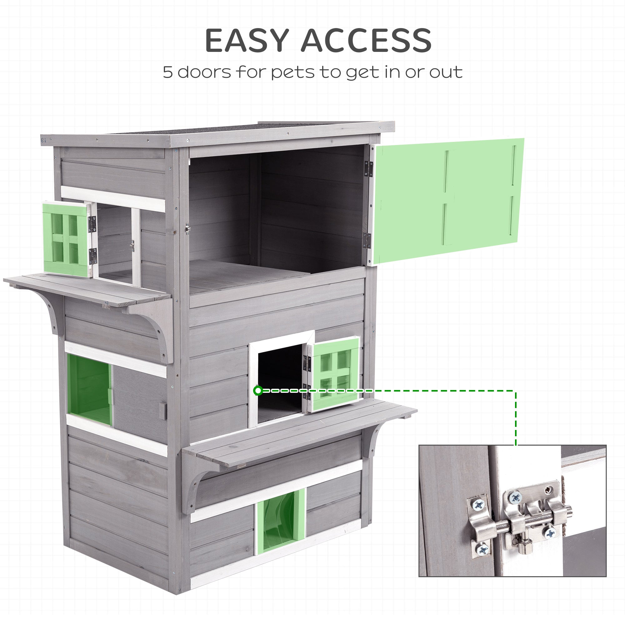 Outdoor Cat House, 3-Tier Kitty Shelter with 5 Escape Doors, Weather Resistant, Gray & White - Gray - Image 6