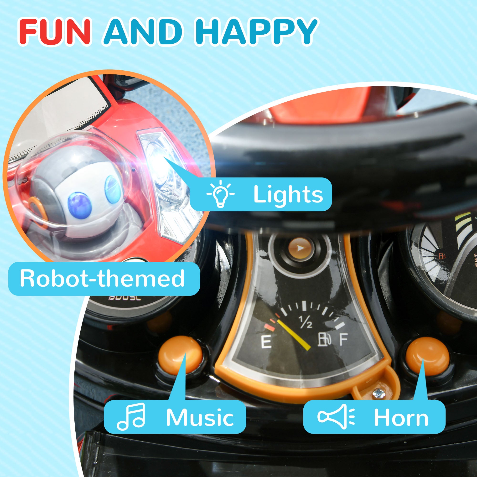 3 in 1 Push Car Sliding Car with Removable Handle, Music, Horn, Canopy, Safety Guardrail, Red