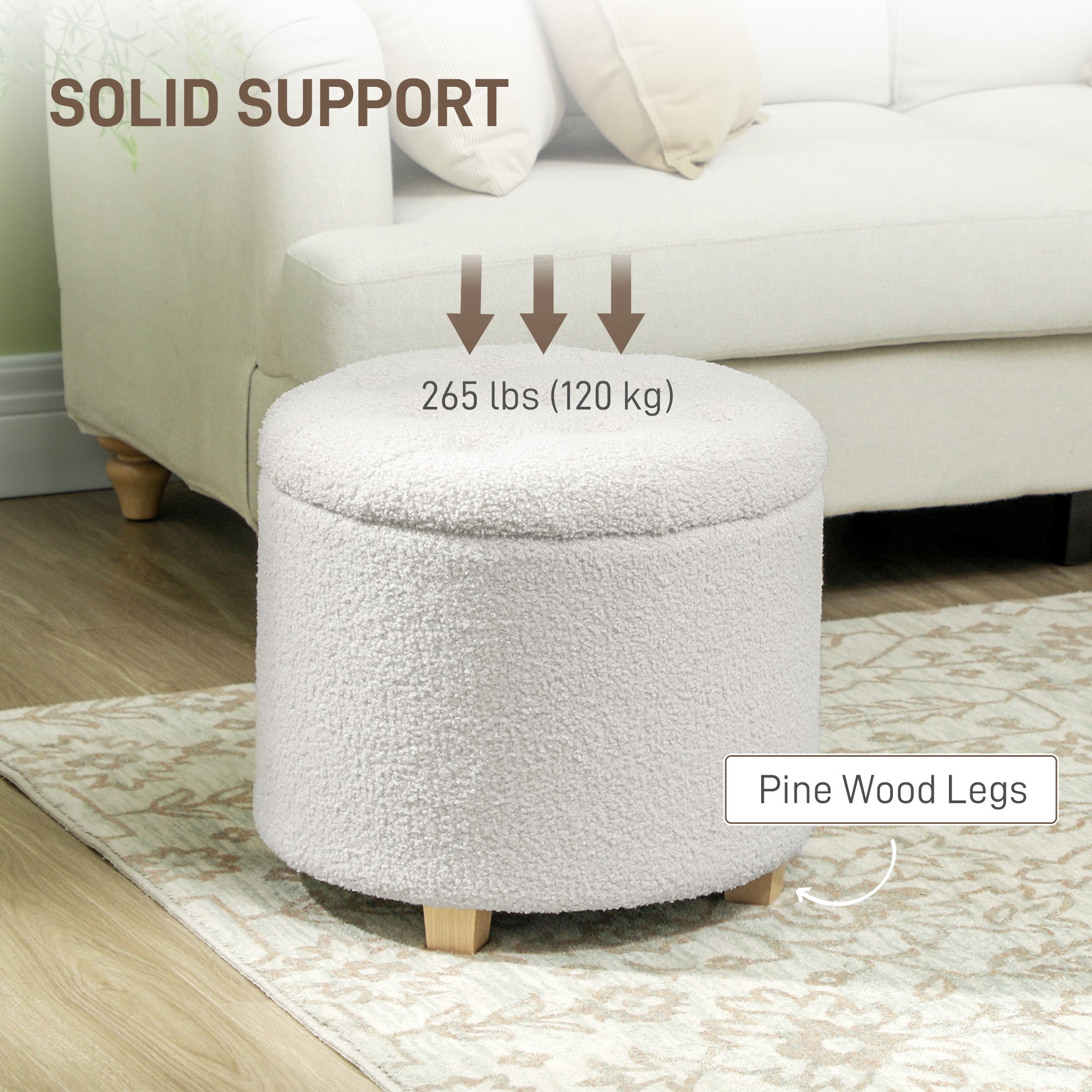 18" Round Ottoman with Storage, Teddy Fleece Button Tufted Foot Stool with Lid, Wood Legs for Living Room Hallway, White