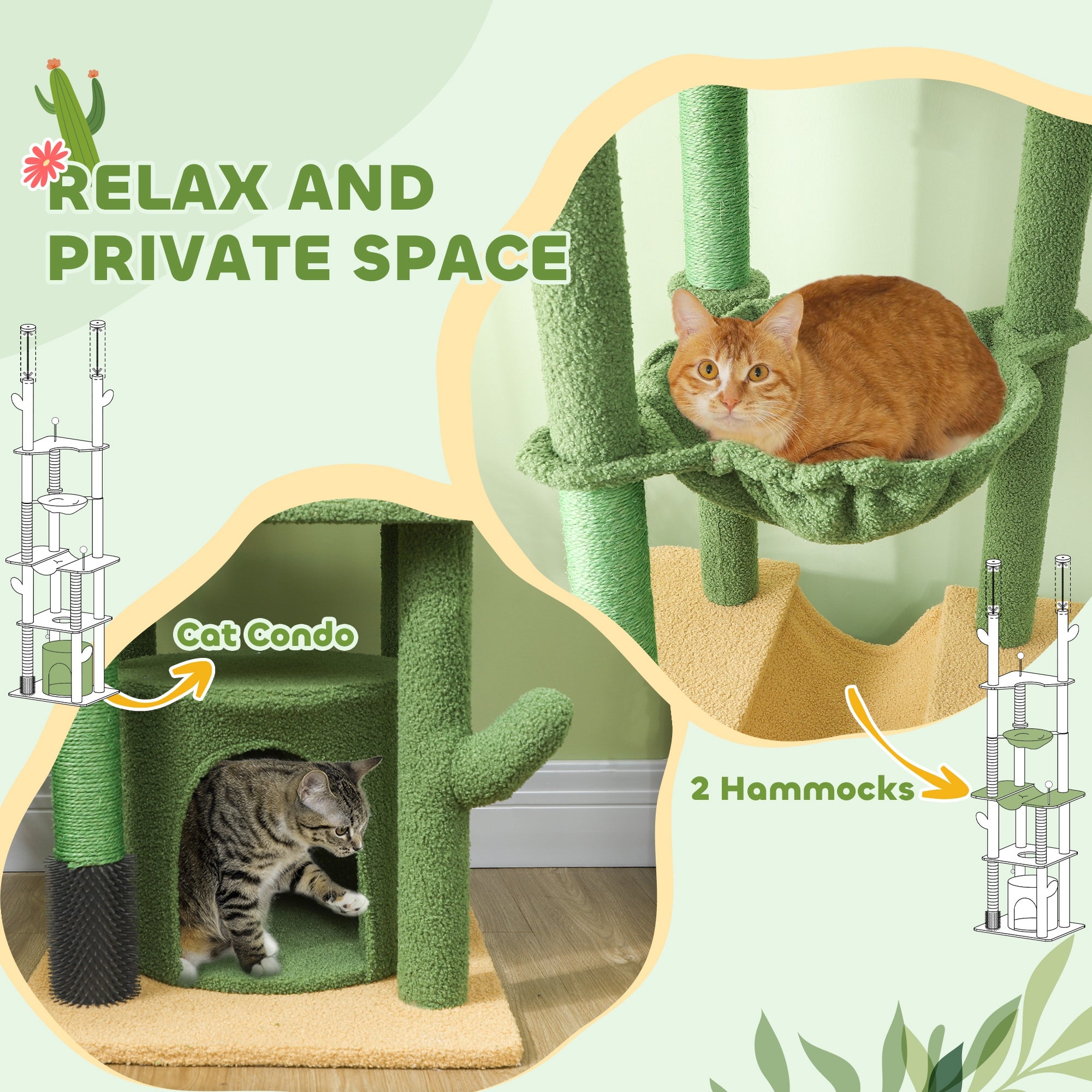 89"-100" Floor to Ceiling Cat Tree, Cat Climbing Tower with Grooming Brush Post, Cat Condo, Hammock, Green - Green - Image 5