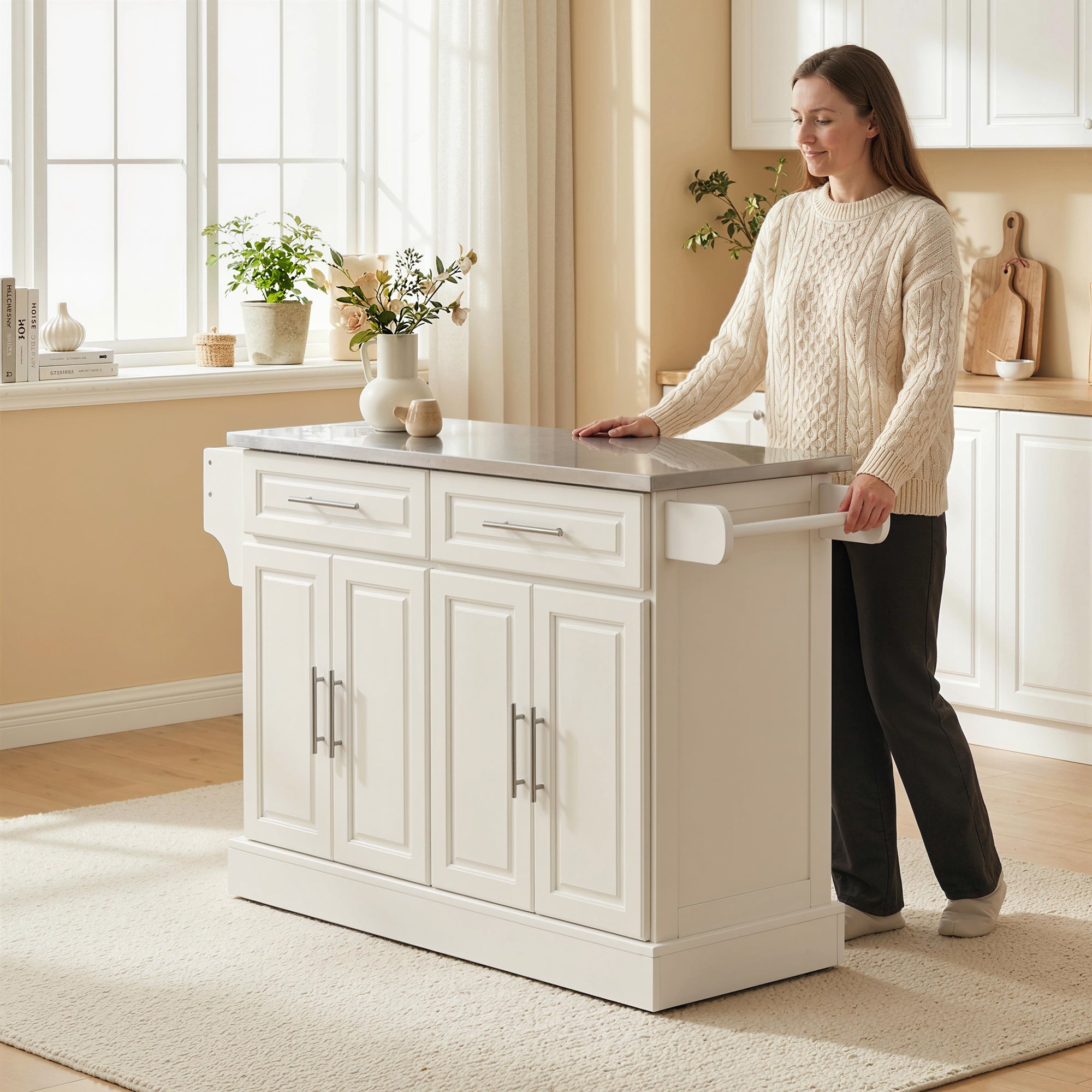 Rolling Kitchen Island with Stainless Steel Top, 2 Drawers, Spice, Knife and Towel Rack and Cabinets, Cream White
