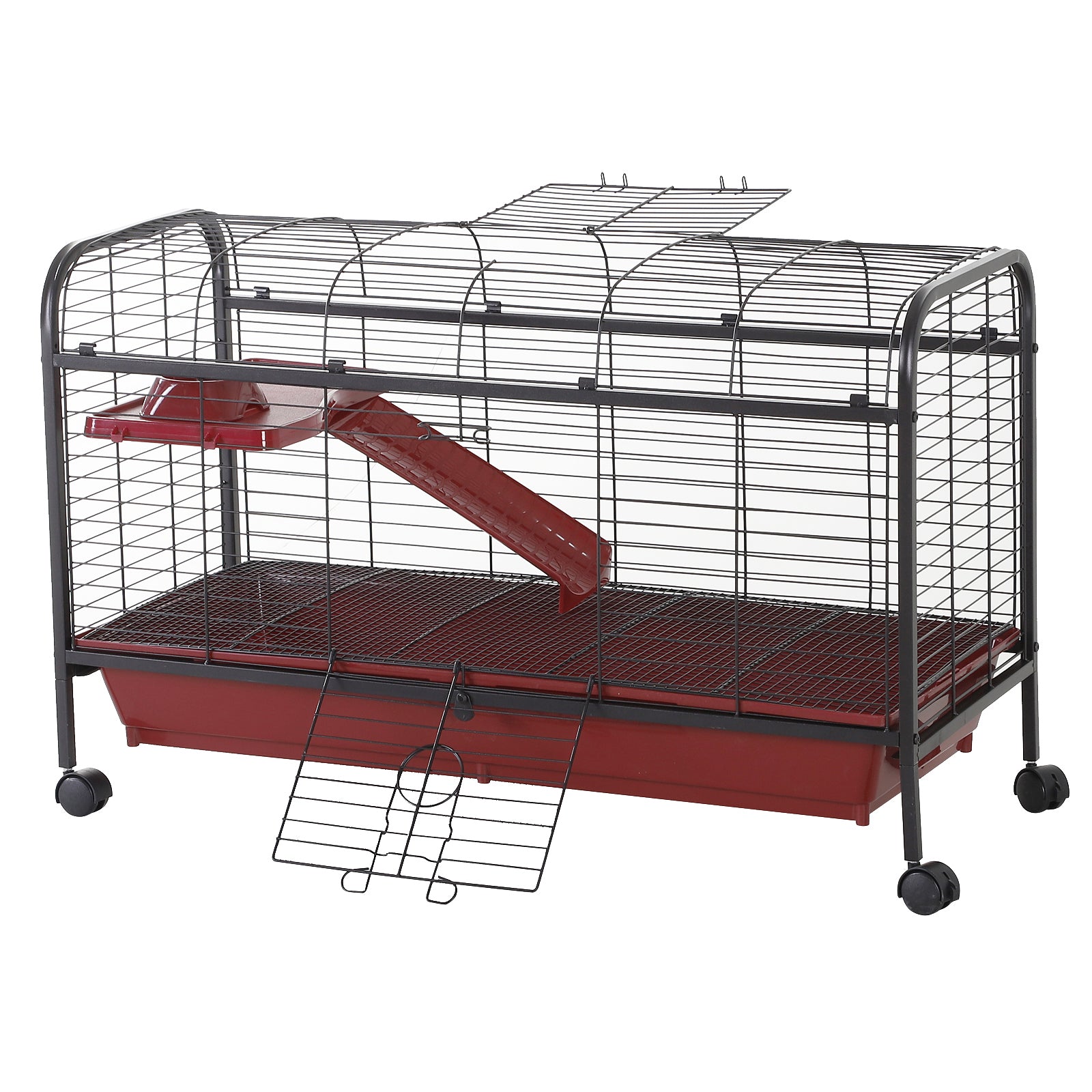 41"L Small Animal Cage, Pet Play House for Rabbit Hutch Ferret with Feeder, Rolling Wheels, Platform, Ramp - Red and Black