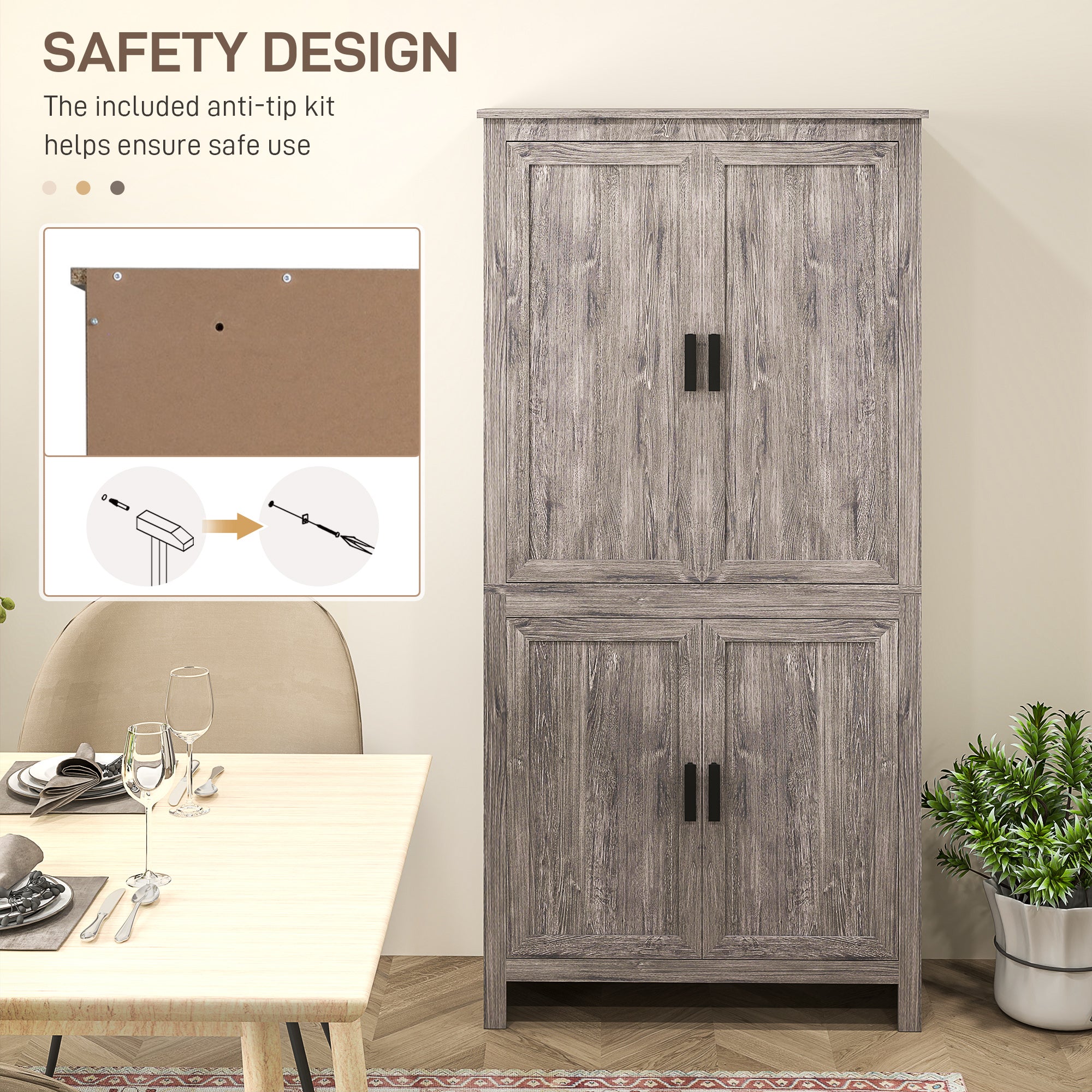 64" 4-Door Kitchen Pantry, Freestanding Storage Cabinet with 3 Adjustable Shelves for Kitchen, Gray Oak