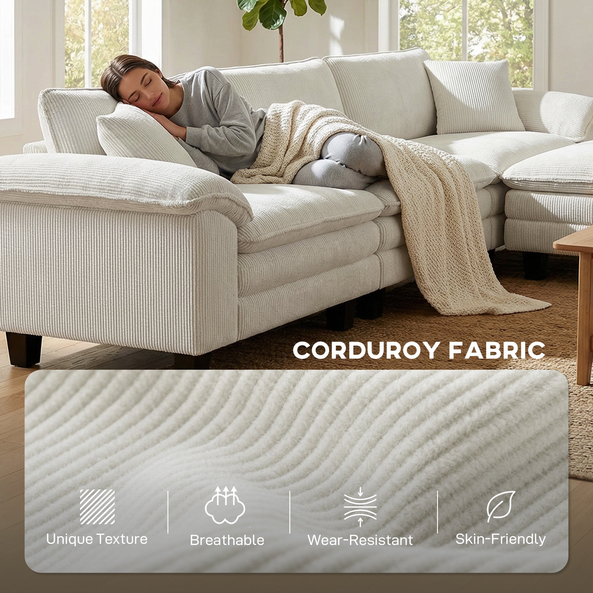 Sectional Sofa, L Shaped Couch with Deep Seat, Movable Ottoman and Pillow-top Armrests, Beige