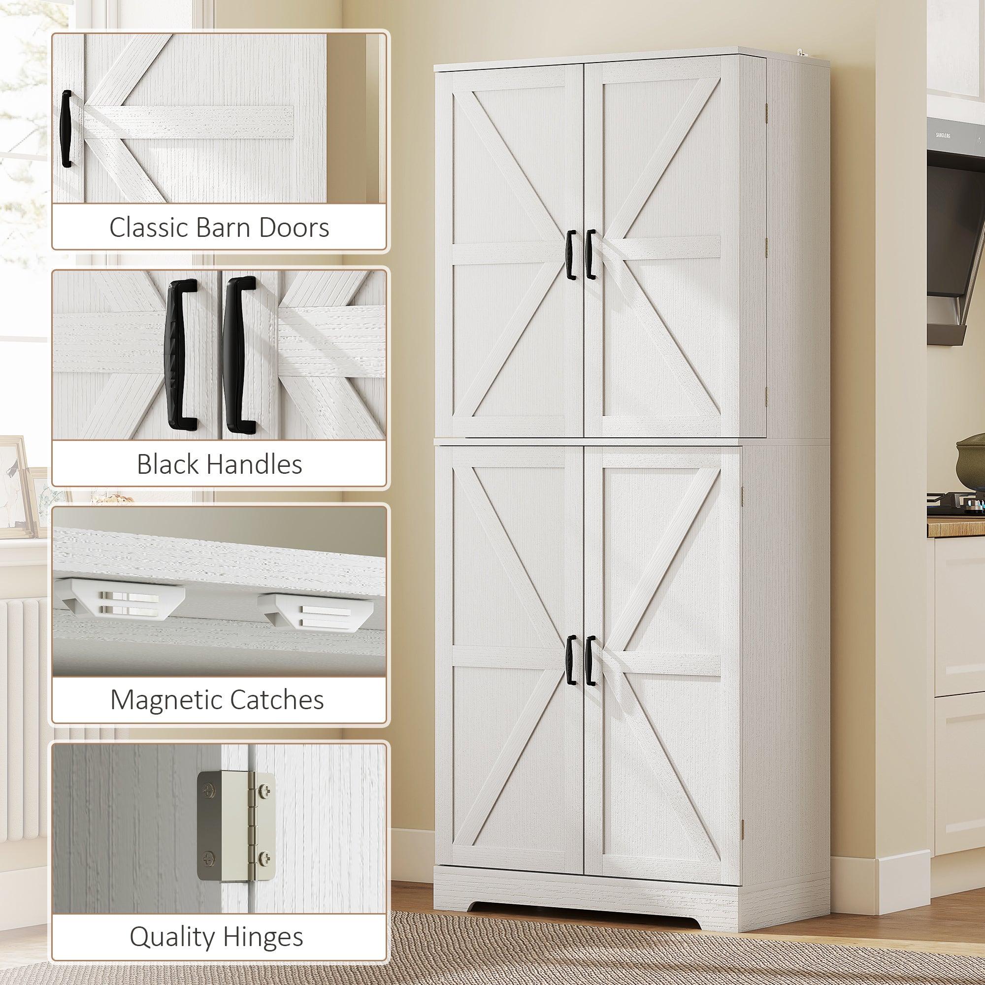 Farmhouse Kitchen Pantry, 72" Tall Pantry Cabinet with 4 Barn Doors, 4 Adjustable Shelves and 8 Door Shelves, White