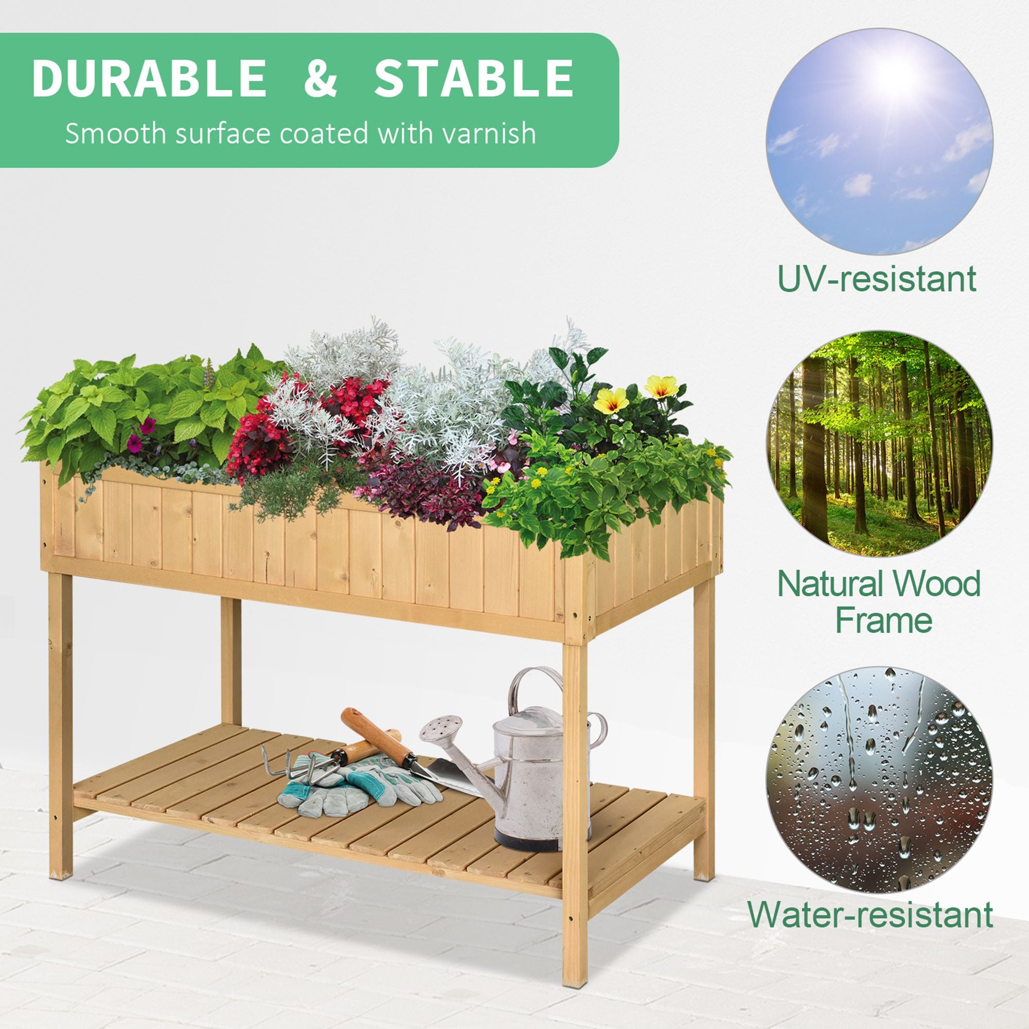 43x18x30in Raised Garden Bed with 8 Pockets and Shelf, Wooden Elevated Planter Box with Legs to Grow Herbs, Vegetables, and Flowers, Natural - Natural Wood - Image 4